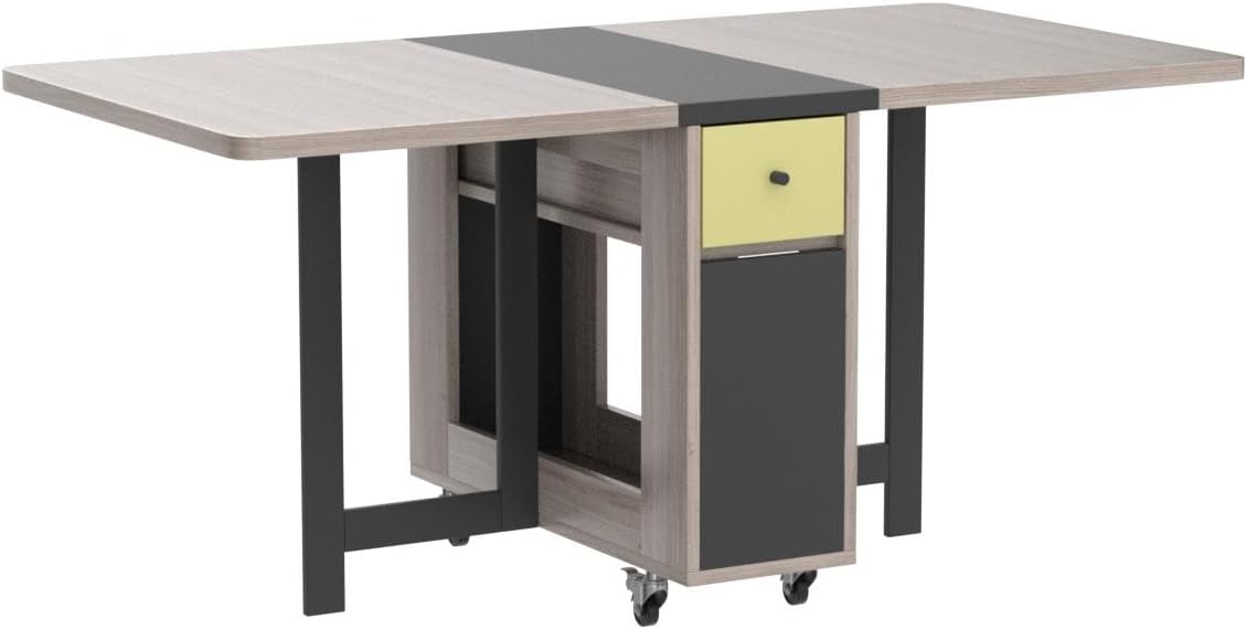 FUNROLUX Folding Dining Table with Storage Rack and 2 Drawers, Movable Kitchen Table Extendable Versatile Table Space Saving Foldable in 3 Forms (Grey)