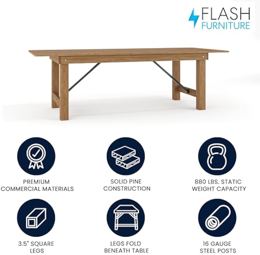 Flash Furniture Hercules Series 8' x 40" Rustic Solid Pine Folding Dining Table, Rectangular Antique Farmhouse Dining and Event Extension Table