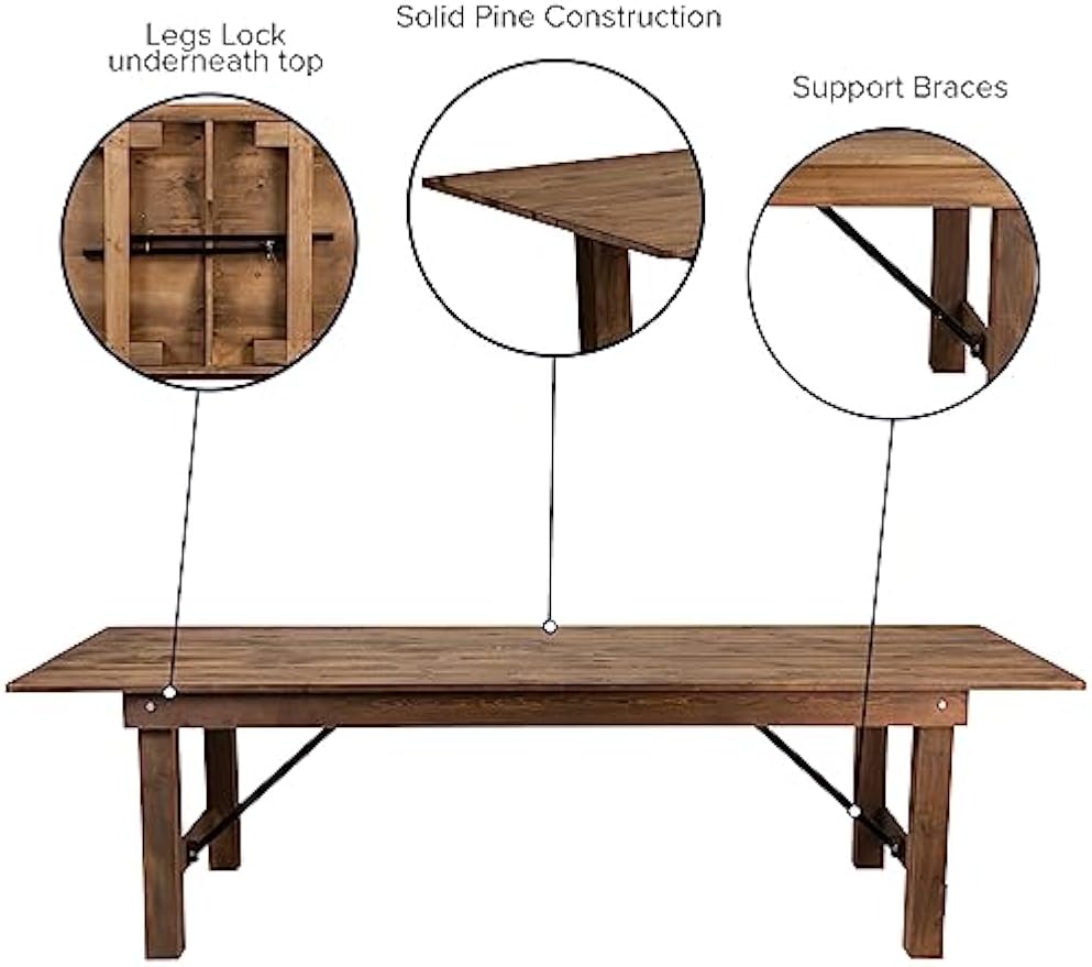 Flash Furniture Hercules Series 9' x 40" Rustic Solid Pine Folding Dining Table, Rectangular Antique Farmhouse Dining and Event Extension Table