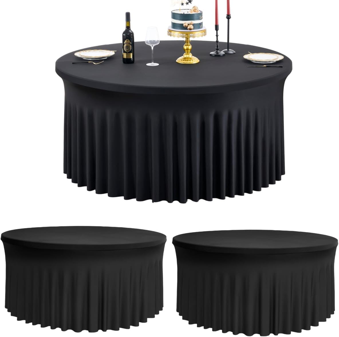 Outpain 6 Pack Black Round Spandex Tablecloth for 60 Inch/5FT Tables - Stretchy Table Cloth with Skirt, Wrinkle-Free Fitted Cloth for Wedding Vendor, Banquet & Graduation Decor (120" Round)