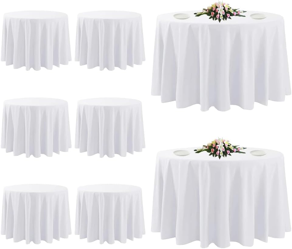 10 Pack White Round Tablecloths, 120 Inch Stain Resistant and Wrinkle Polyester Fabric Washable Table Clothes Cover for Kitchen Dining, Wedding, Reception Banquet, Birthday Party, Buffet Restaurant