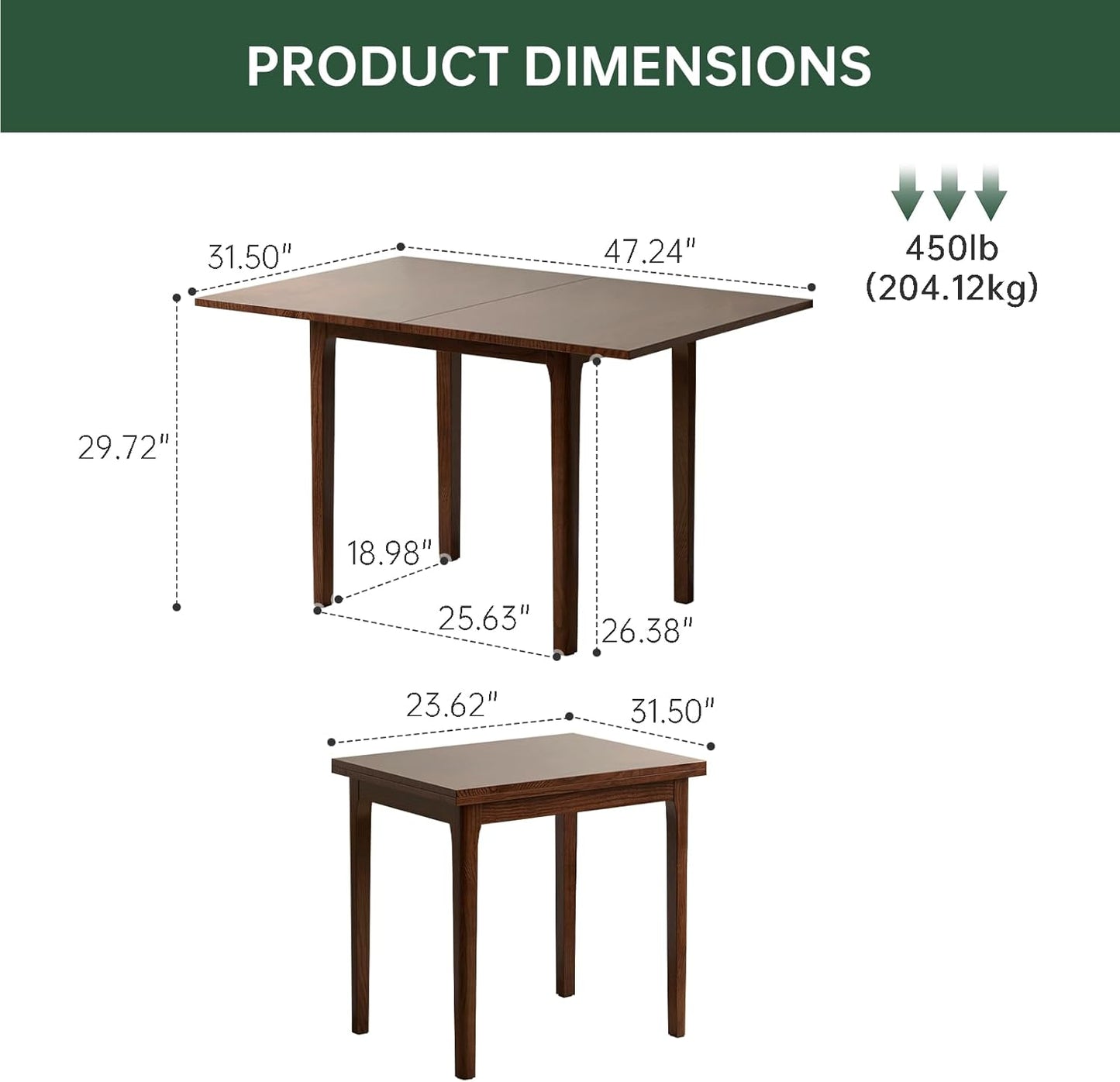 Foldable Dining Table for 4, 100% Solid Wood Folding Kitchen Table with Oak Wood Legs, Modern Dinner Table for Dining Room, Living Room, Kitchen, Small Space, Walnut