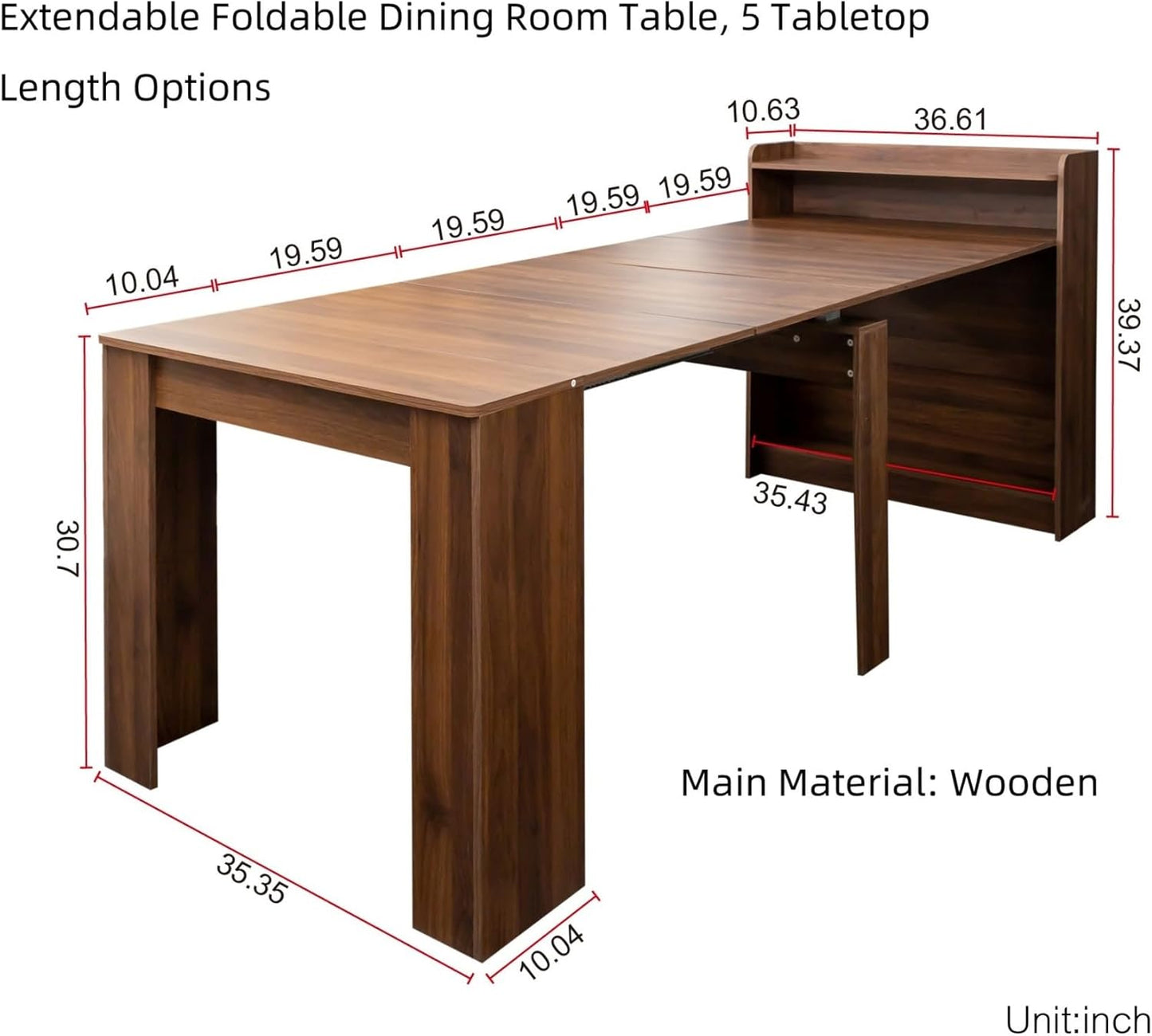 KEIKI 30”-88.4”L Extendable Foldable Dining Room Table with Storage for 1-10 People, Wood Modern Rustic Rectangle Expandable Kitchen Living Meeting Room Furniture, 5 Tabletop Length Options, Walnut