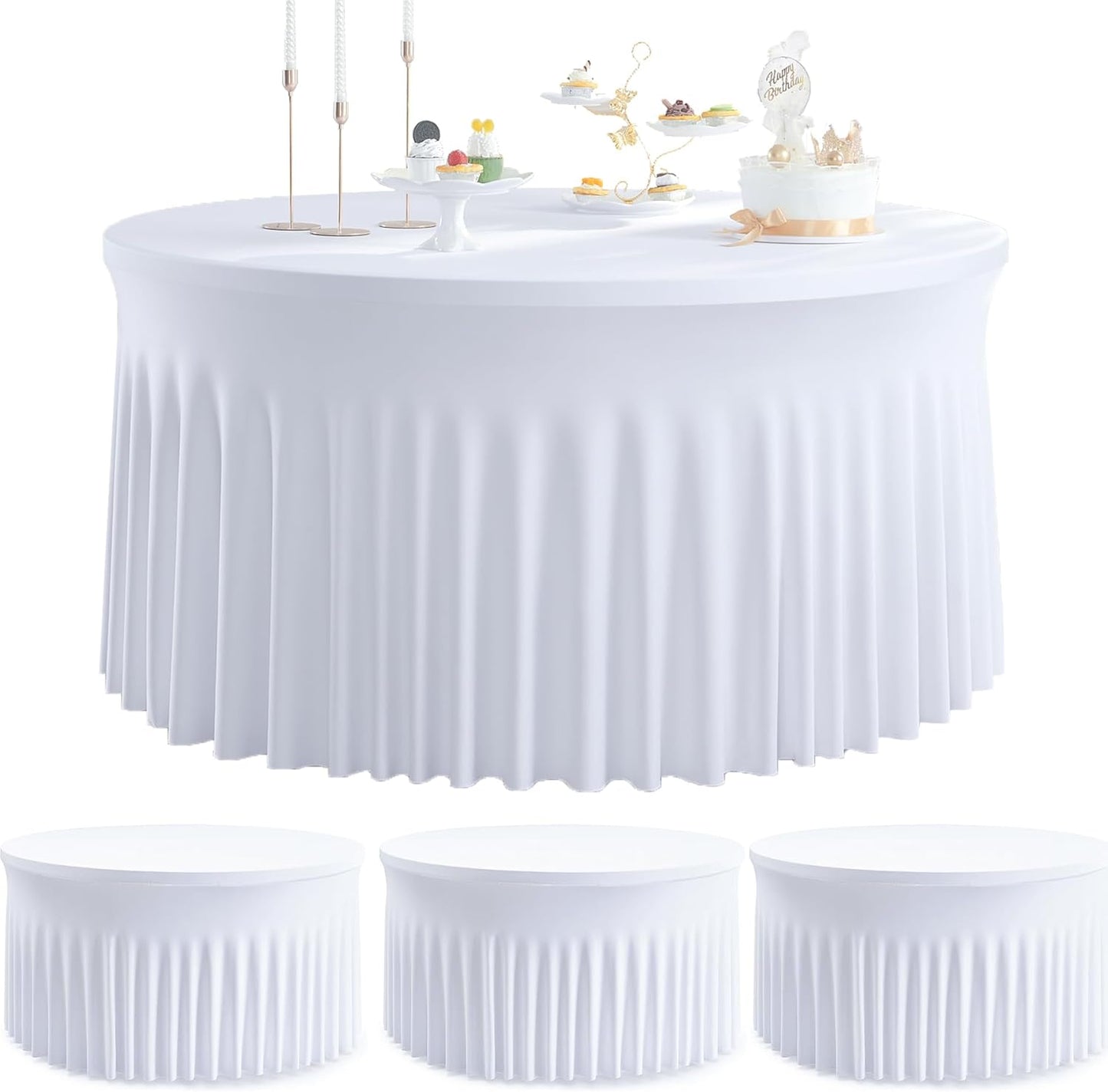 8 Pack White Round Spandex Tablecloth for 60 inch Table, Wrinkle Free Stretchy 120inch Fitted 5FT Round Table Cloths Cover with Skirt for Wedding Birthday Party Dining Banquet Events