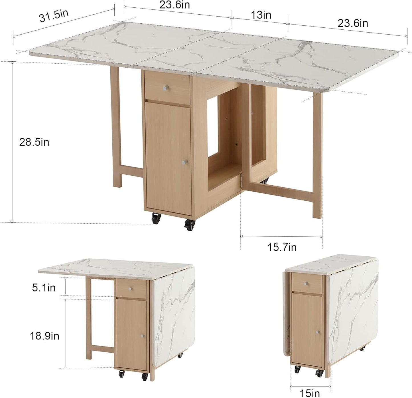 Drop Leaf Table Extendable, Foldable Kitchen Table Space Saving, Folding Dining Table with 2 Drawers and 4 Wheels, Dining Table for Living Room, Farmhouse, RV(Marble Wood)