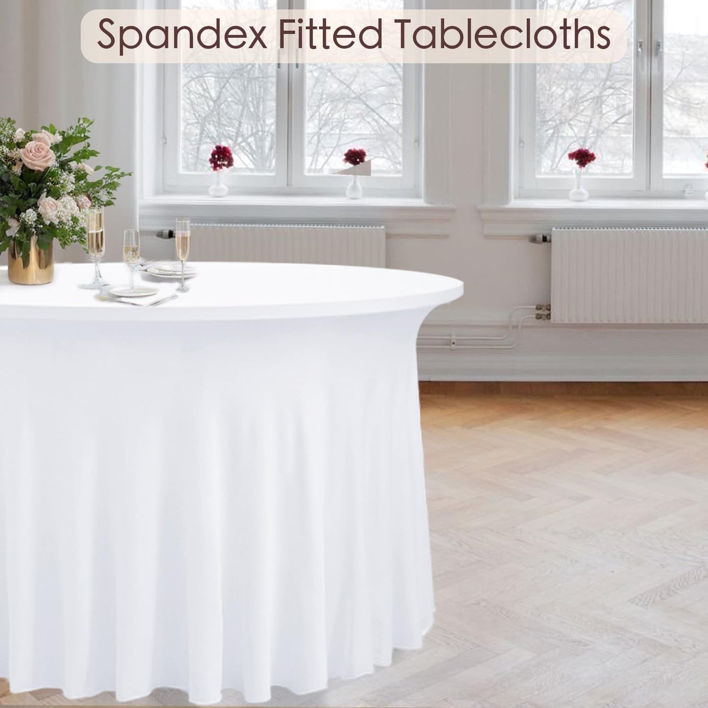8 Pack White Round Spandex Tablecloths for 60 inch Table, 120 Inch Spandex Fitted Tablecloths, Wrinkle Free Washable Polyester Tablecloth for Wedding, Party, Birthday, Home Decoration