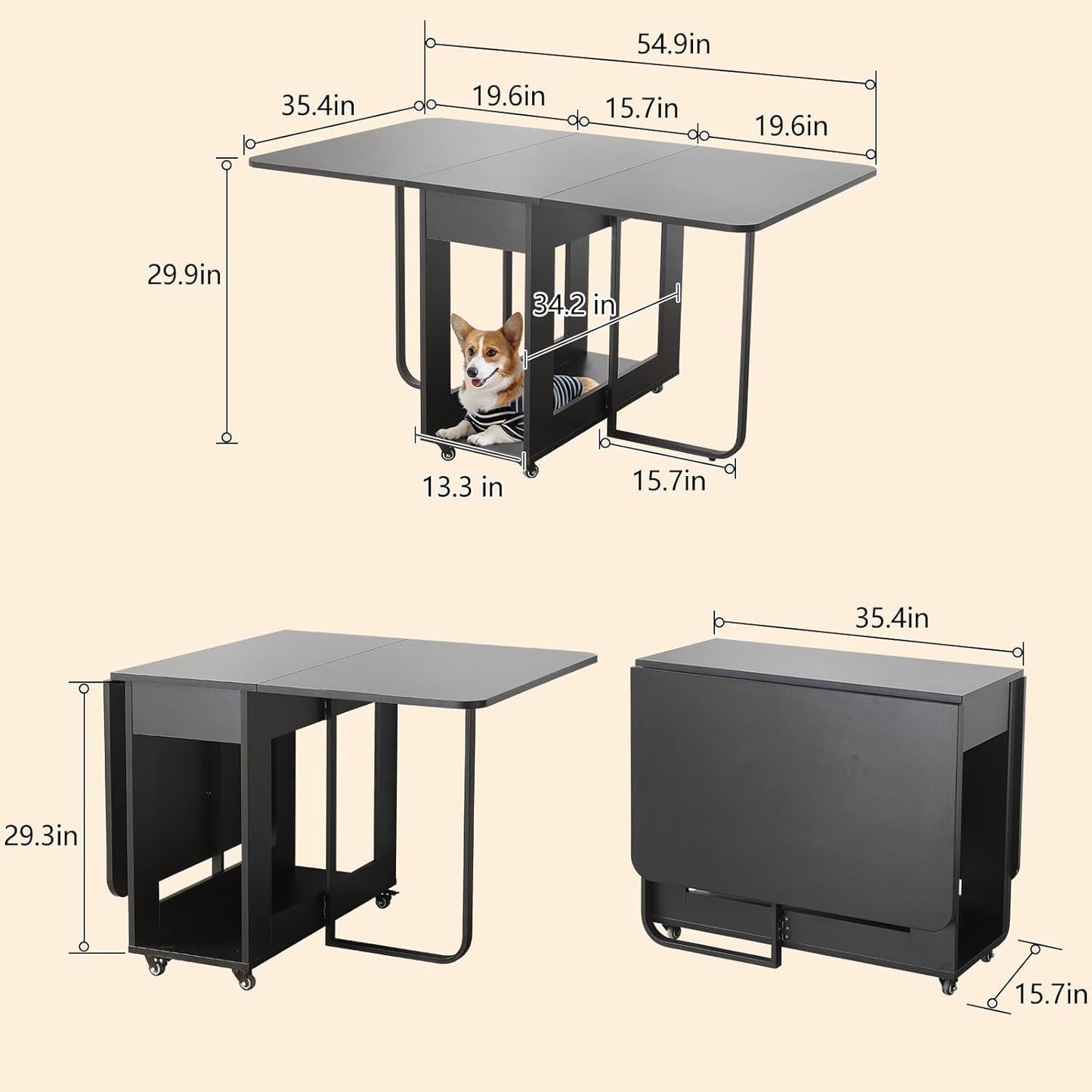 Folding Dining Room Table for 4/6 with 35.4" Extra Wide Space Saving Drop Leaf Table with Lockable Wheels & Storage, Heavy Duty Eco Solid Wood Top 300lb, Convertible Desk for Apartments/RV/Home Office