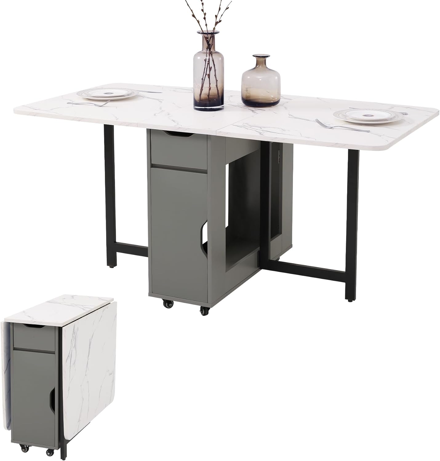 Drop Leaf Table Extendable, Foldable Kitchen Table Space Saving, Folding Dining Table with 2 Drawers and 4 Wheels, Dining Table for Living Room, Farmhouse, RV(Marble Wood)