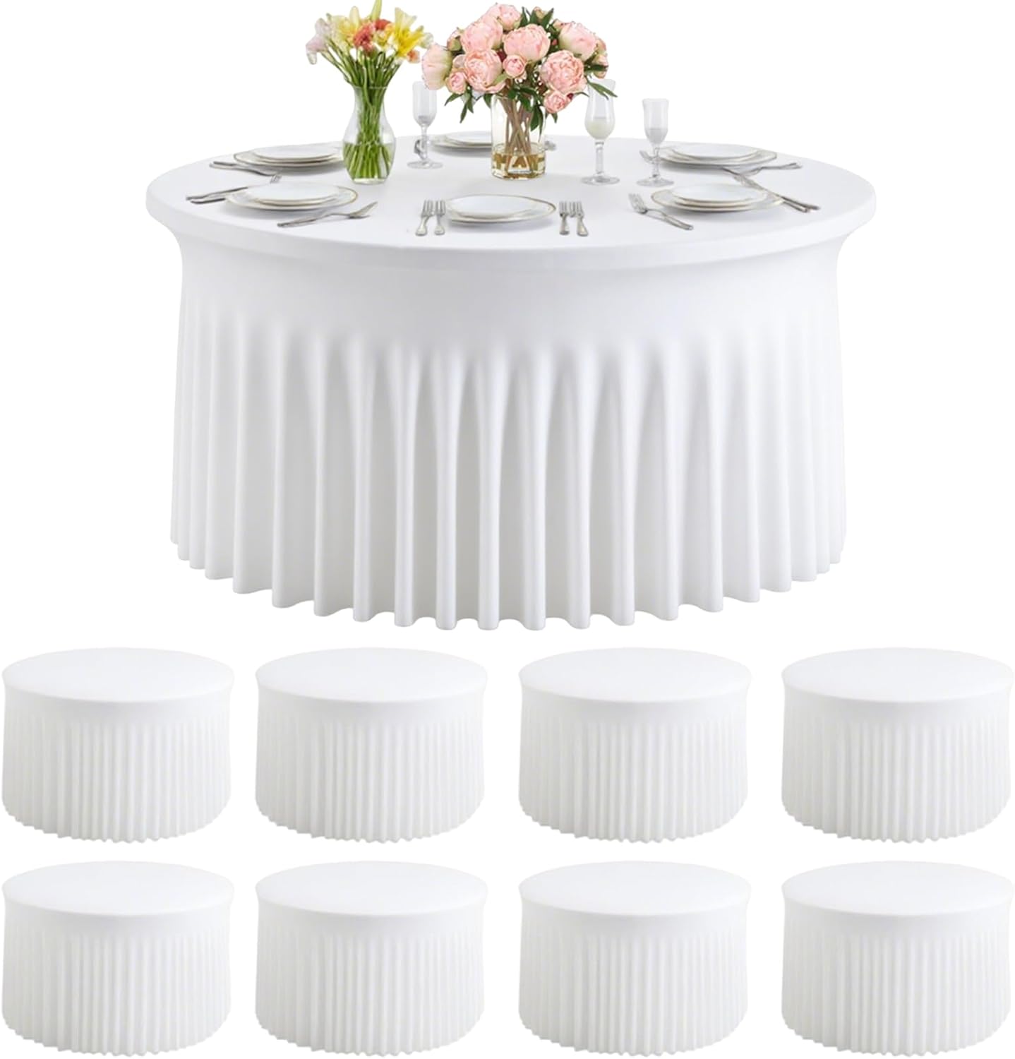 8 Pack White Round Spandex Tablecloths for 60 inch Table, 120 Inch Spandex Fitted Tablecloths, Wrinkle Free Washable Polyester Tablecloth for Wedding, Party, Birthday, Home Decoration