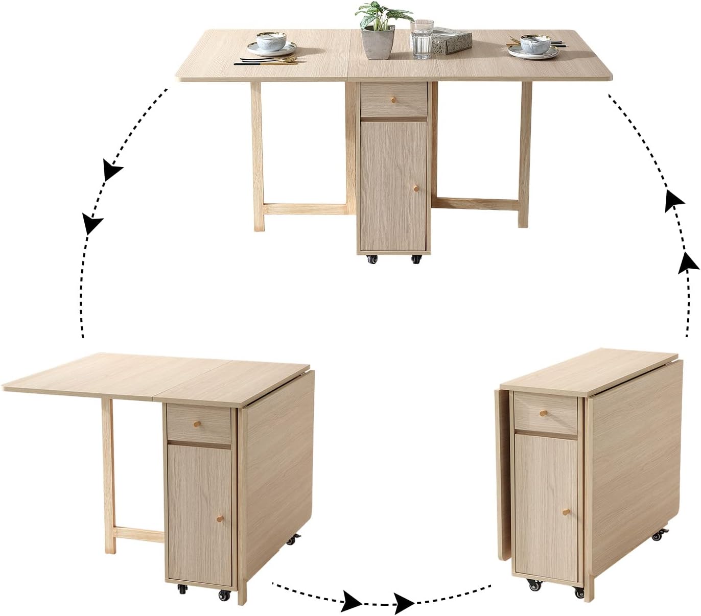 Extendable Drop Leaf Folding Dining Table with 2 Drawers and 4 Wheels for Living Room Kitchen Farmhouse Space Saving Table in Wood Color