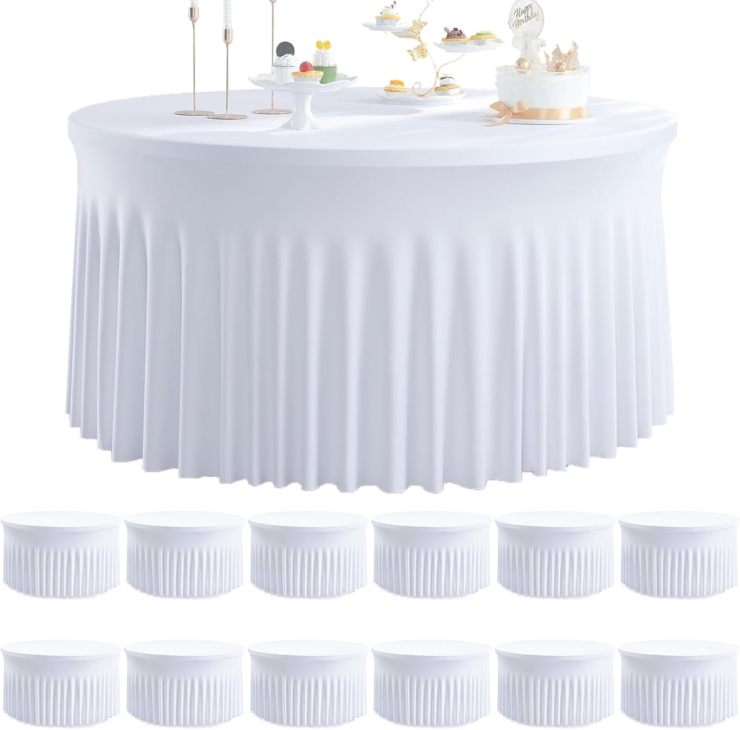 8 Pack White Round Spandex Tablecloth for 60 inch Table, Wrinkle Free Stretchy 120inch Fitted 5FT Round Table Cloths Cover with Skirt for Wedding Birthday Party Dining Banquet Events