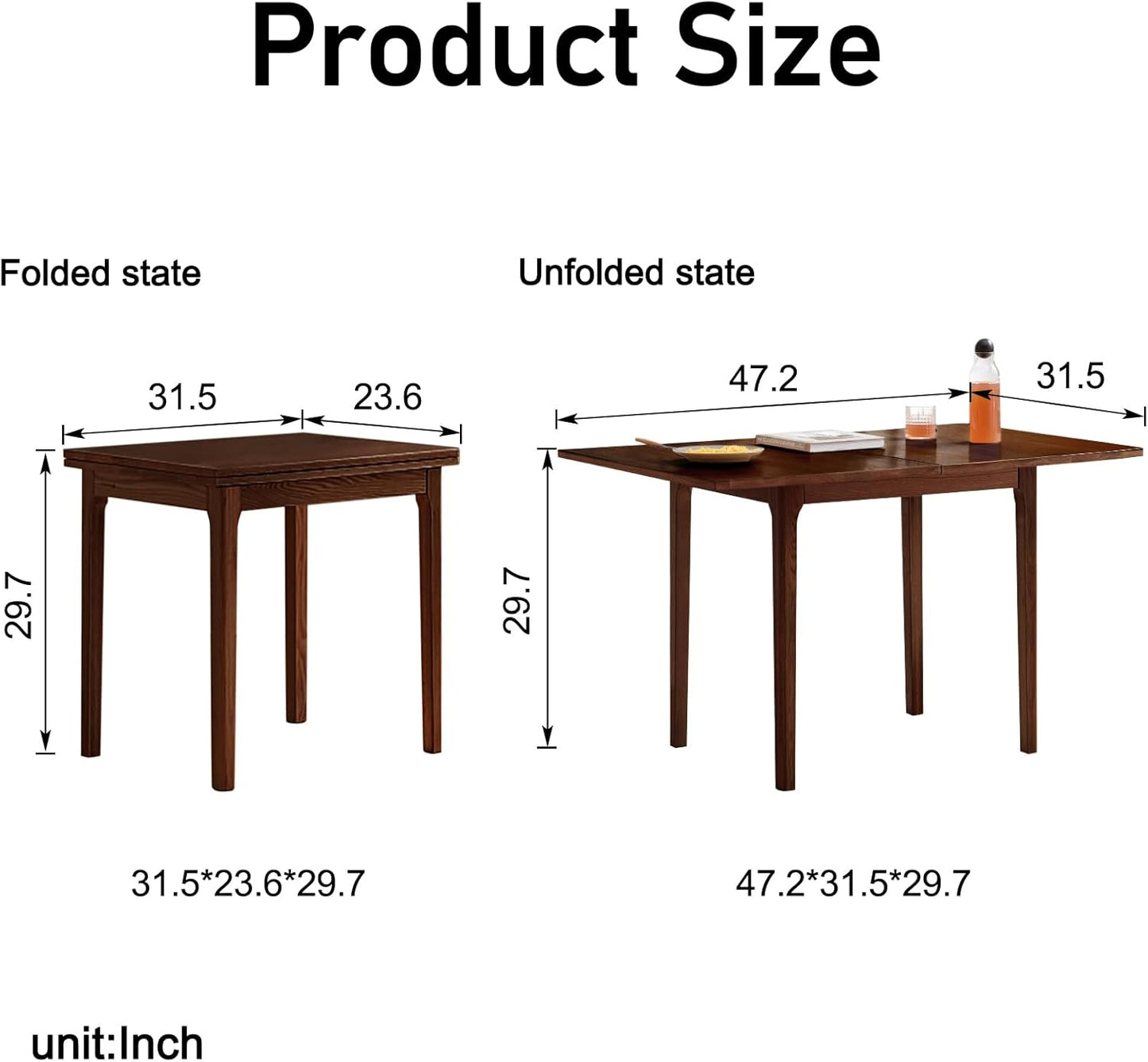 48" Folding Dining Table, Modern Solid Wood Dining Tables, Space Saving Square Desk, Dining Table for 6, Table Converts to Dining Table for Living Room, Home Office (Walnut-Colored)