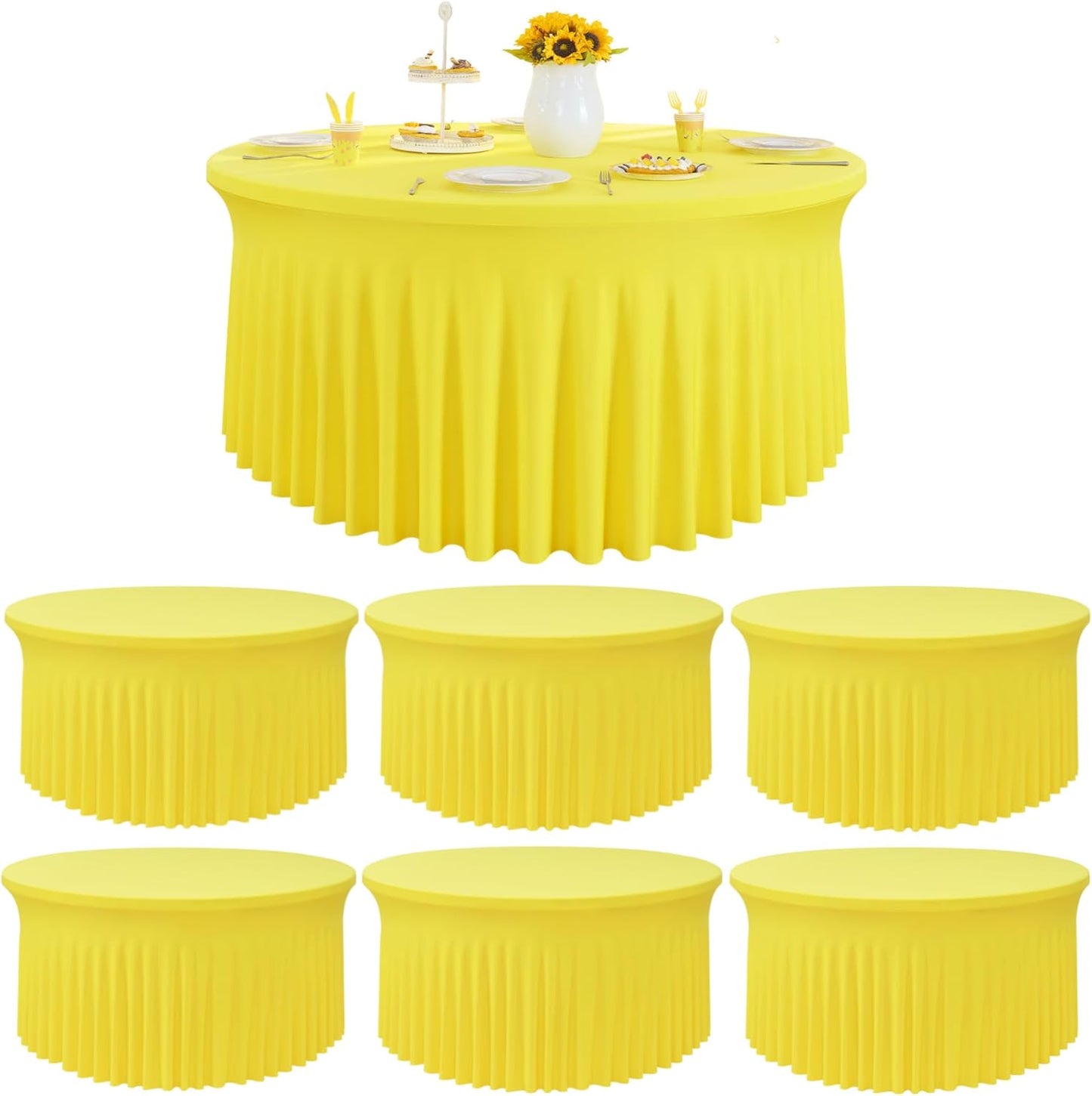 Outpain 6 Pack Black Round Spandex Tablecloth for 60 Inch/5FT Tables - Stretchy Table Cloth with Skirt, Wrinkle-Free Fitted Cloth for Wedding Vendor, Banquet & Graduation Decor (120" Round)