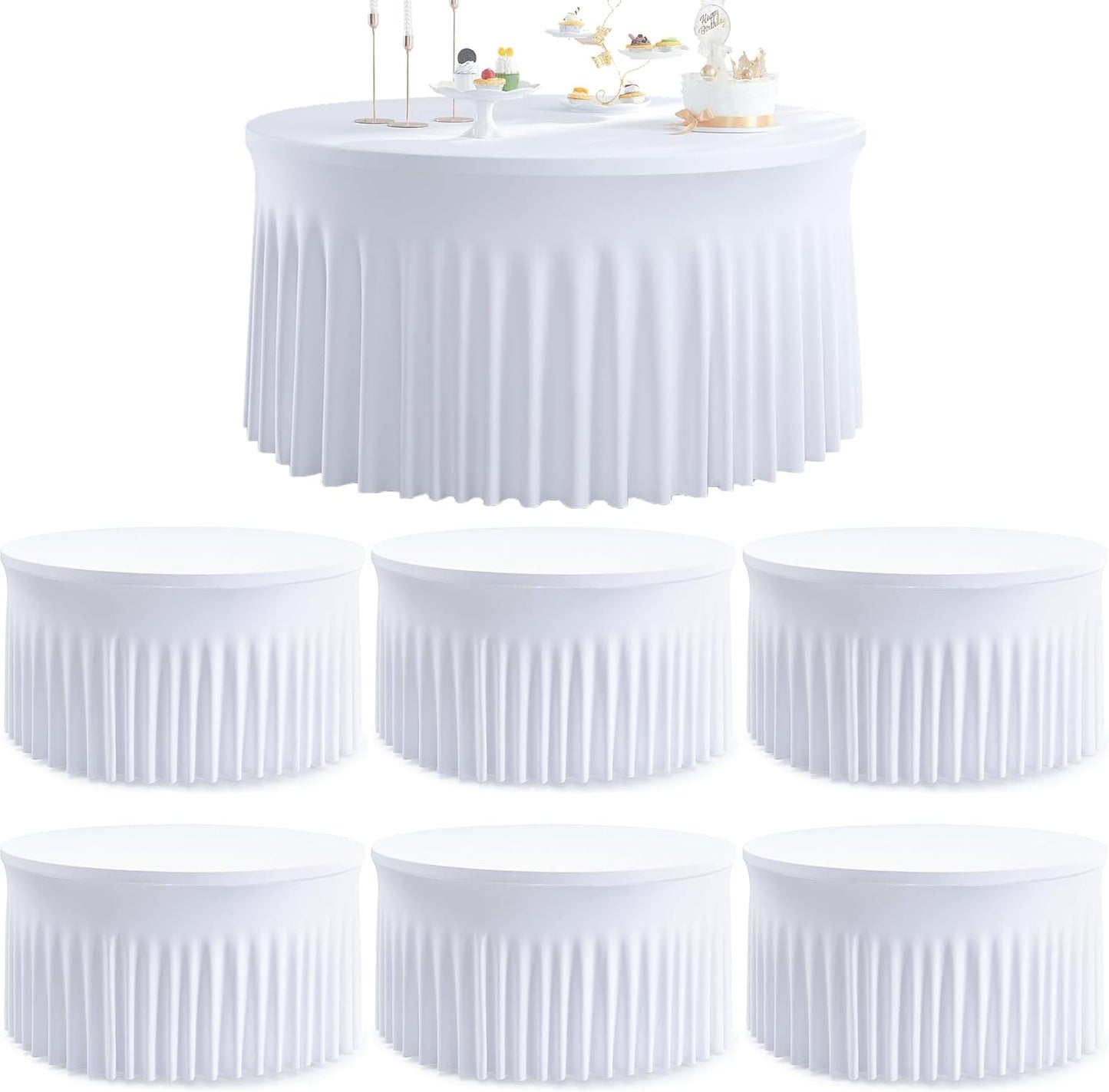 8 Pack White Round Spandex Tablecloth for 60 inch Table, Wrinkle Free Stretchy 120inch Fitted 5FT Round Table Cloths Cover with Skirt for Wedding Birthday Party Dining Banquet Events