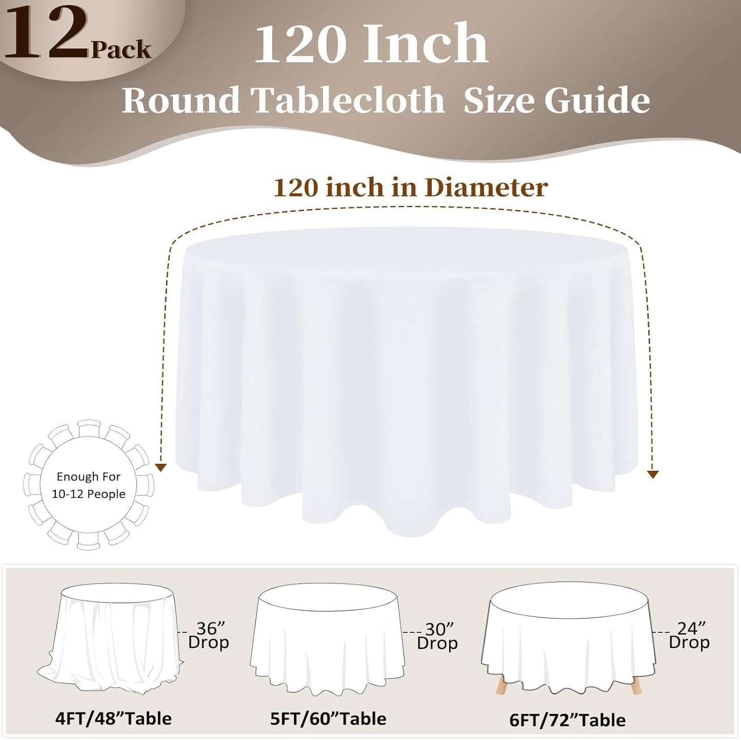 12 Pack White Round Tablecloth 120 Inch Round Table Cloth, Wrinkle Resistant and Washable Tablecloth Polyester Fabric Table Cloth Round Table Cover for Dining Wedding Banquet Party