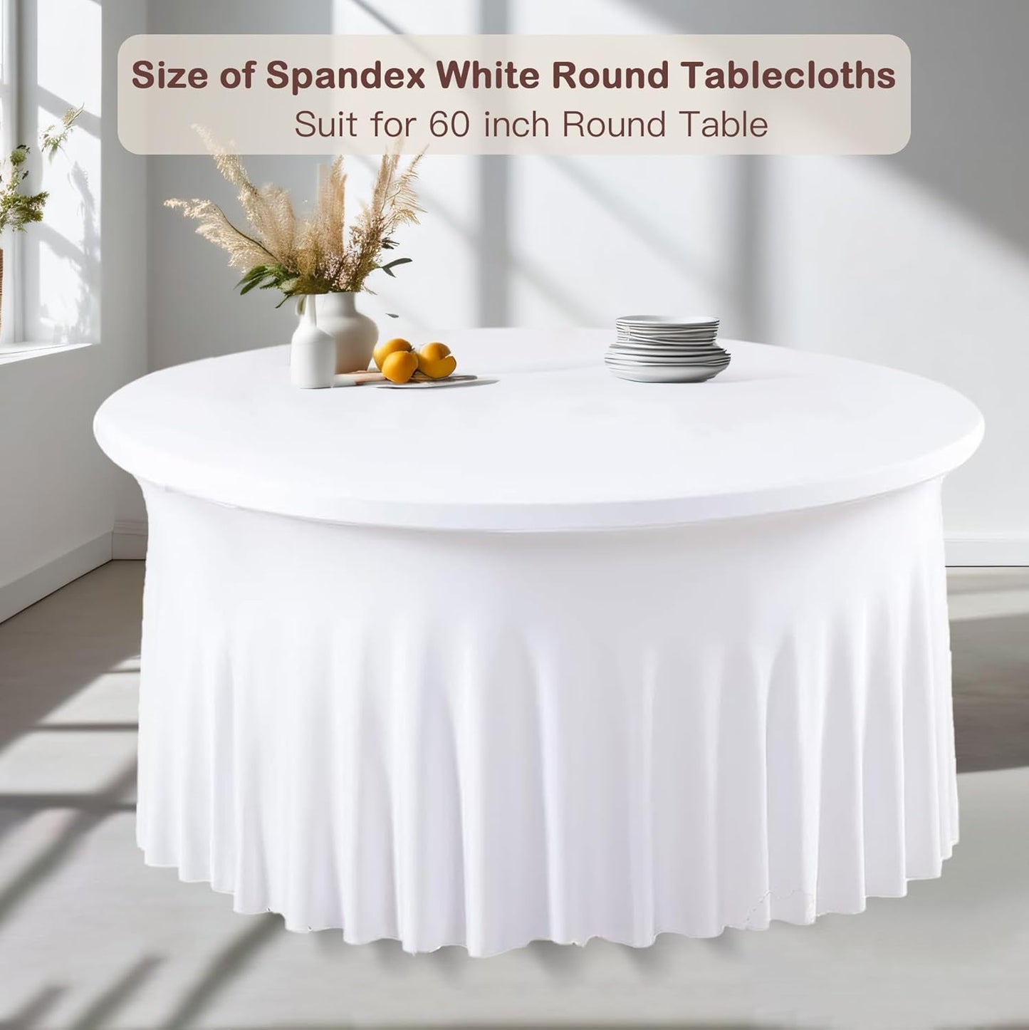 8 Pack White Round Spandex Tablecloth for 60inch Tables, 120 Inch Stretchy Fitted 5FT Round Table Clothes Wrinkle Free Washable Table Covers Skirt for Wedding Birthday Party Dining Banquet