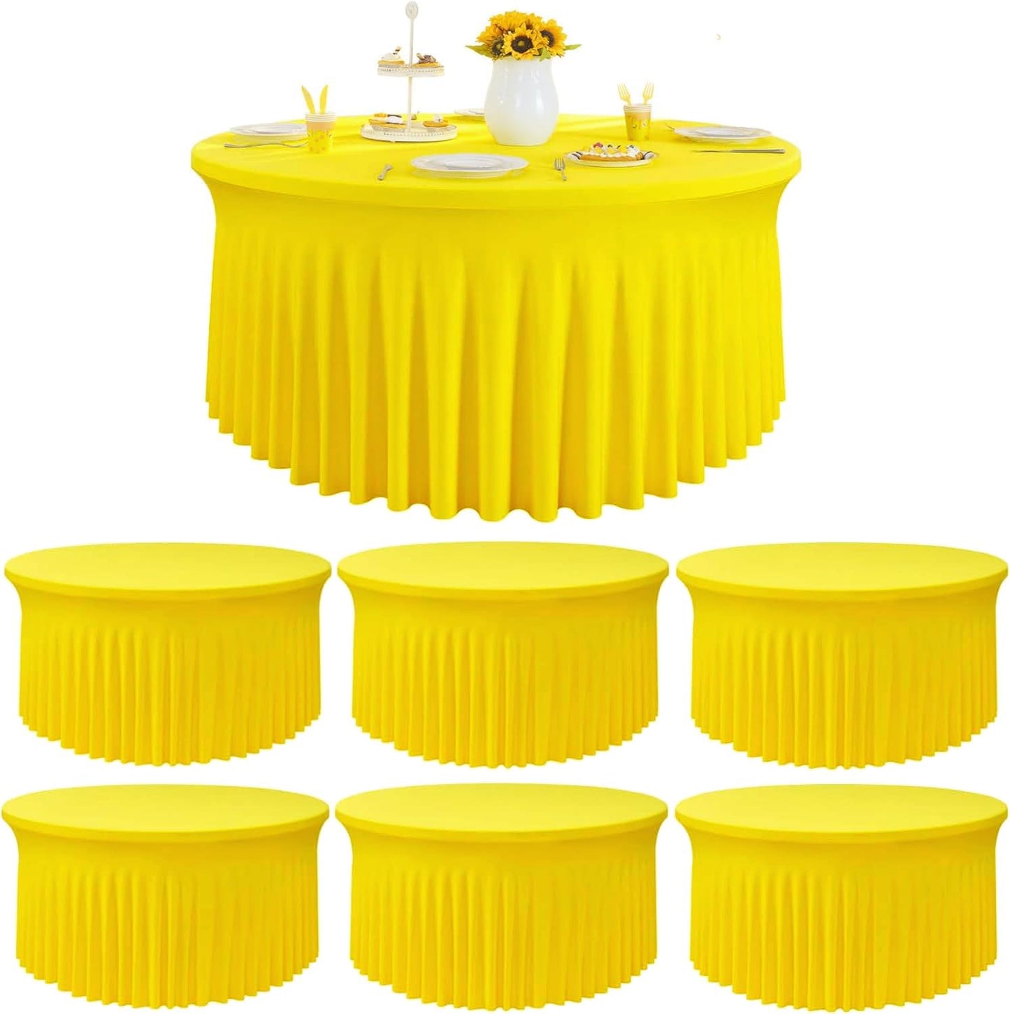 Outpain 6 Pack Black Round Spandex Tablecloth for 60 Inch/5FT Tables - Stretchy Table Cloth with Skirt, Wrinkle-Free Fitted Cloth for Wedding Vendor, Banquet & Graduation Decor (120" Round)