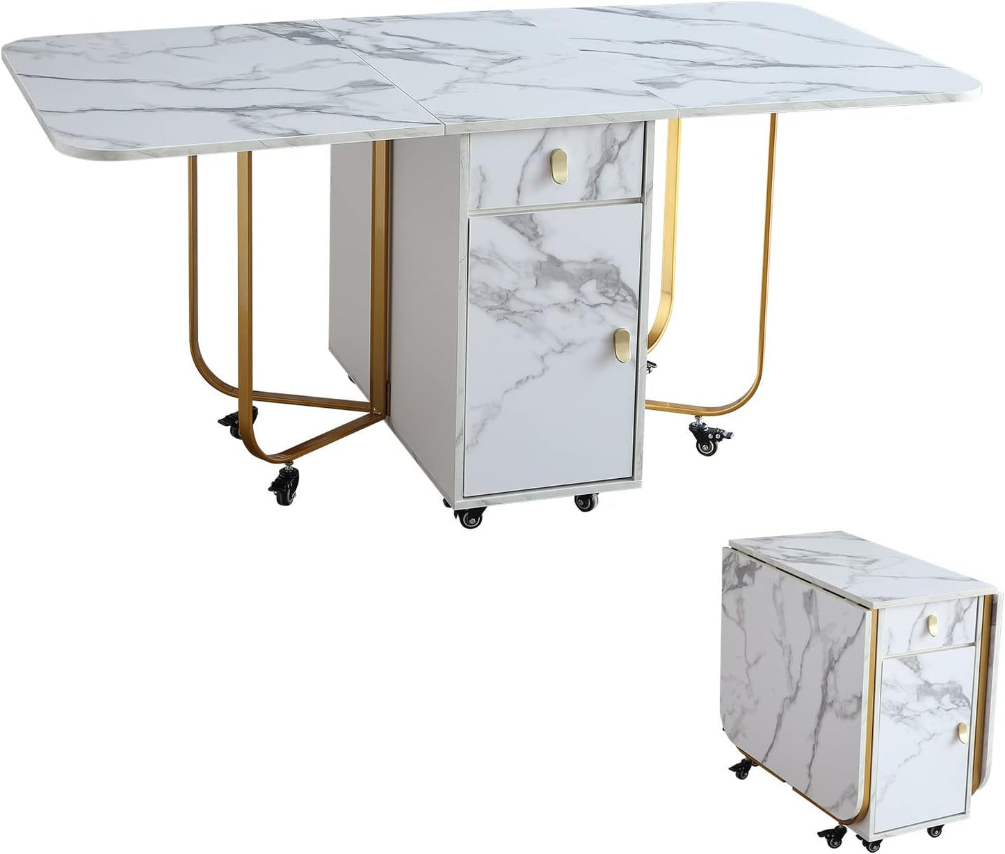 FUNROLUX Folding Dining Table with Storage Rack and 2 Drawers, Movable Kitchen Table Extendable Versatile Table Space Saving Foldable in 3 Forms (Grey)