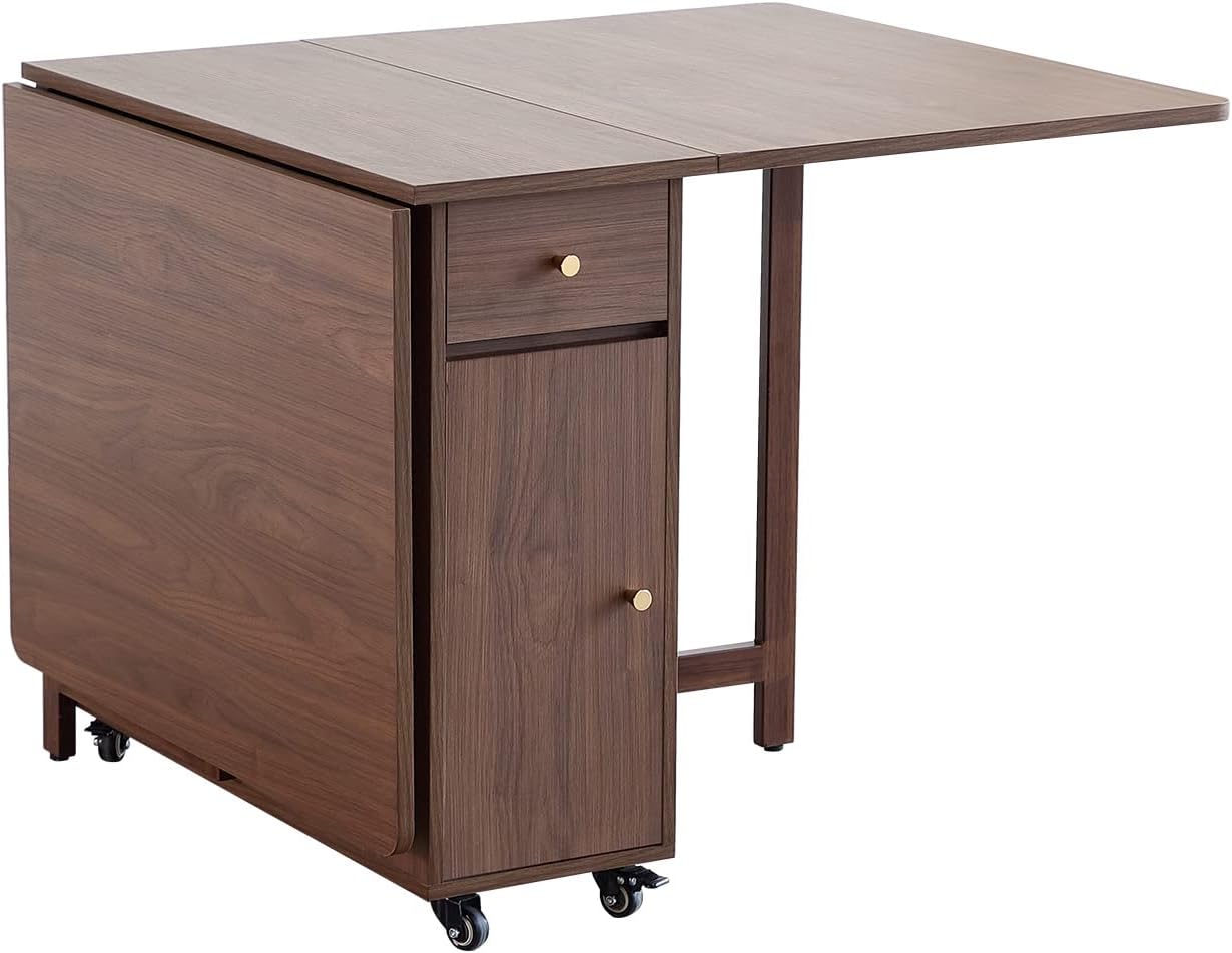 Extendable Drop Leaf Folding Dining Table with 2 Drawers and 4 Wheels for Living Room Kitchen Farmhouse Space Saving Table in Wood Color