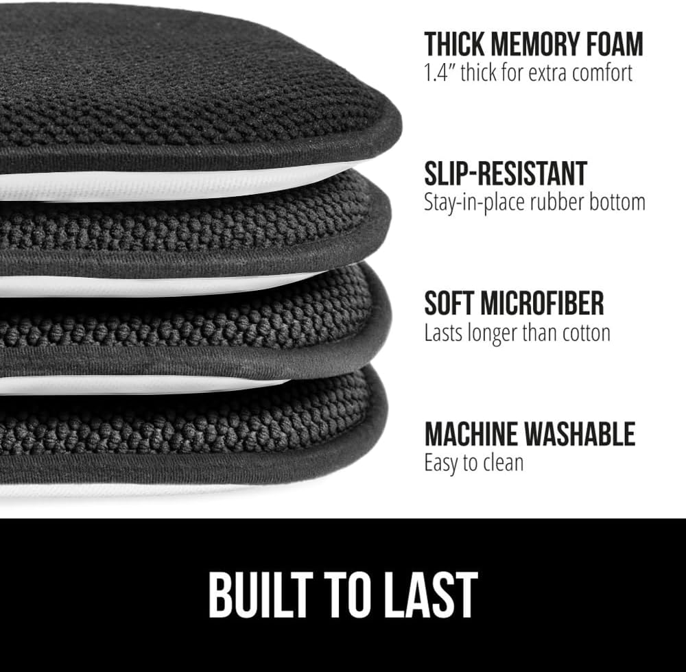 GORILLA GRIP Slip Resistant Chair Cushions, No Ties Required, Memory Foam Pads for Dining Room, Kitchen Table, Office, Rocking Chairs, Plush Seat Cover Cushion Pad, Home Decor, Set of 4 16x16, Black