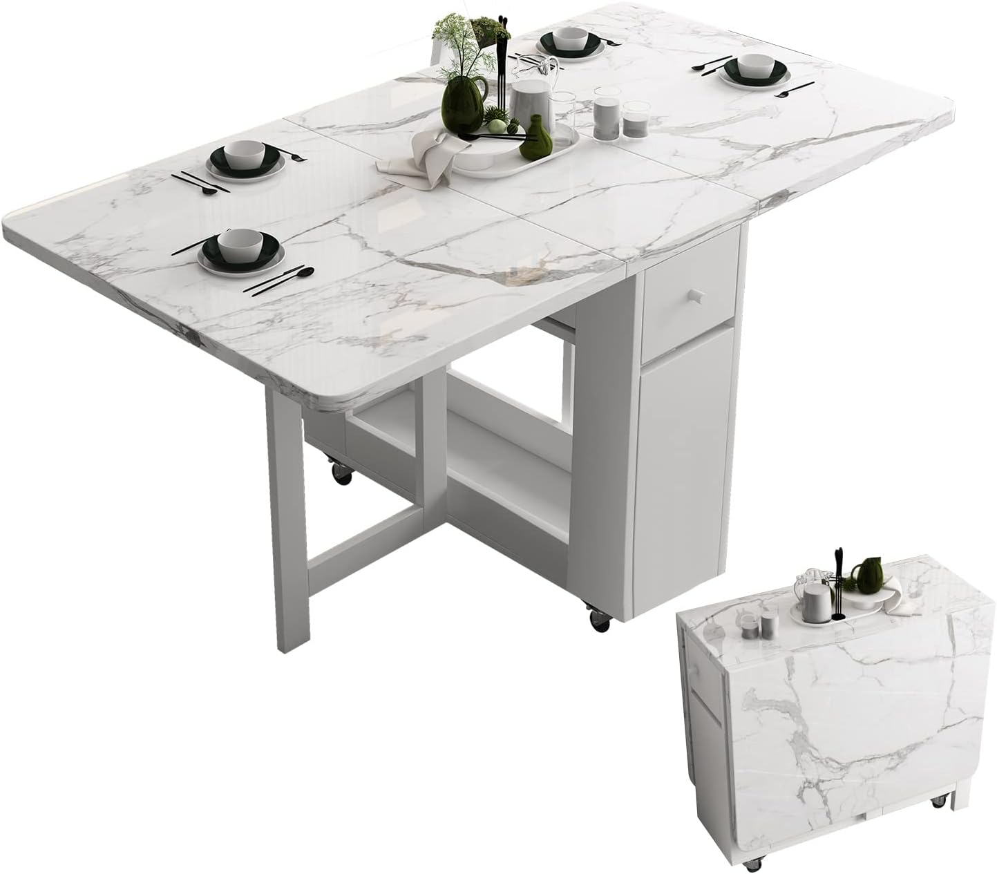 FUNROLUX Folding Dining Table with Storage Rack and 2 Drawers, Movable Kitchen Table Extendable Versatile Table Space Saving Foldable in 3 Forms (Grey)