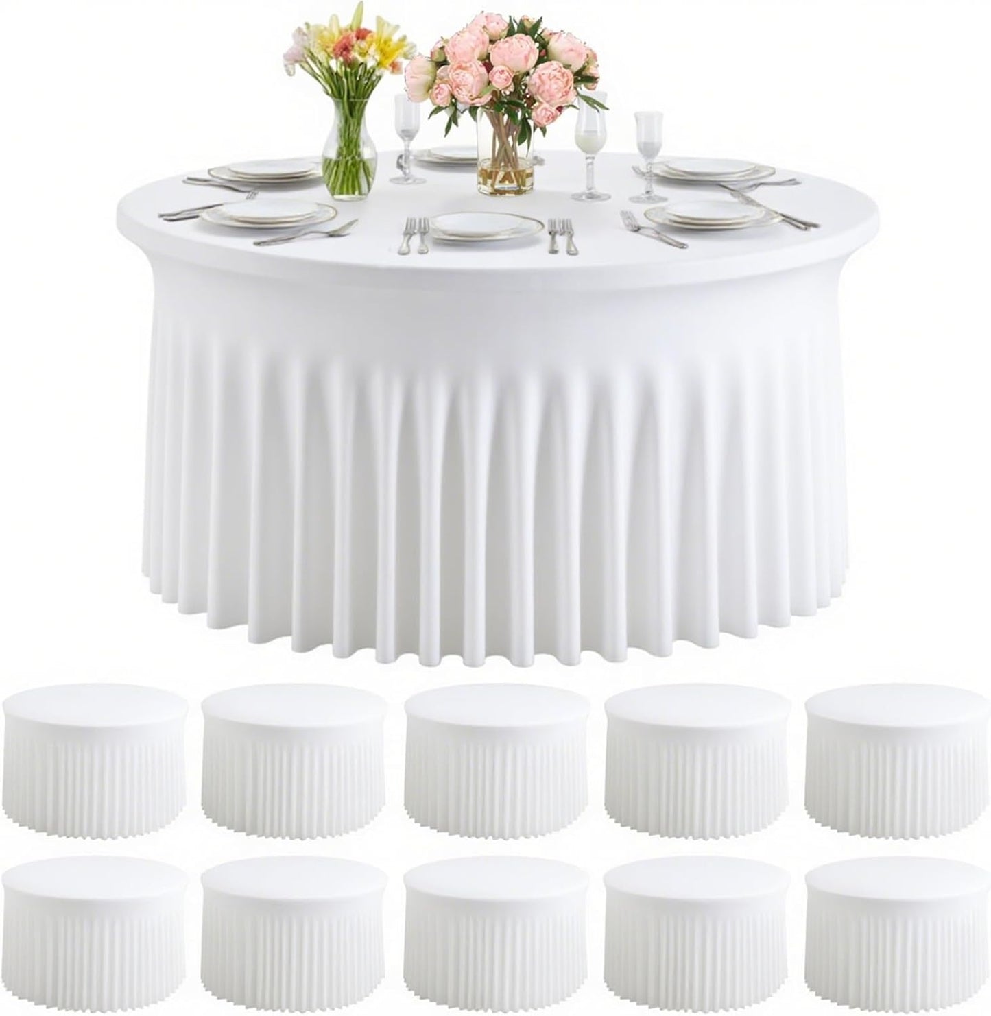 8 Pack White Round Spandex Tablecloths for 60 inch Table, 120 Inch Spandex Fitted Tablecloths, Wrinkle Free Washable Polyester Tablecloth for Wedding, Party, Birthday, Home Decoration