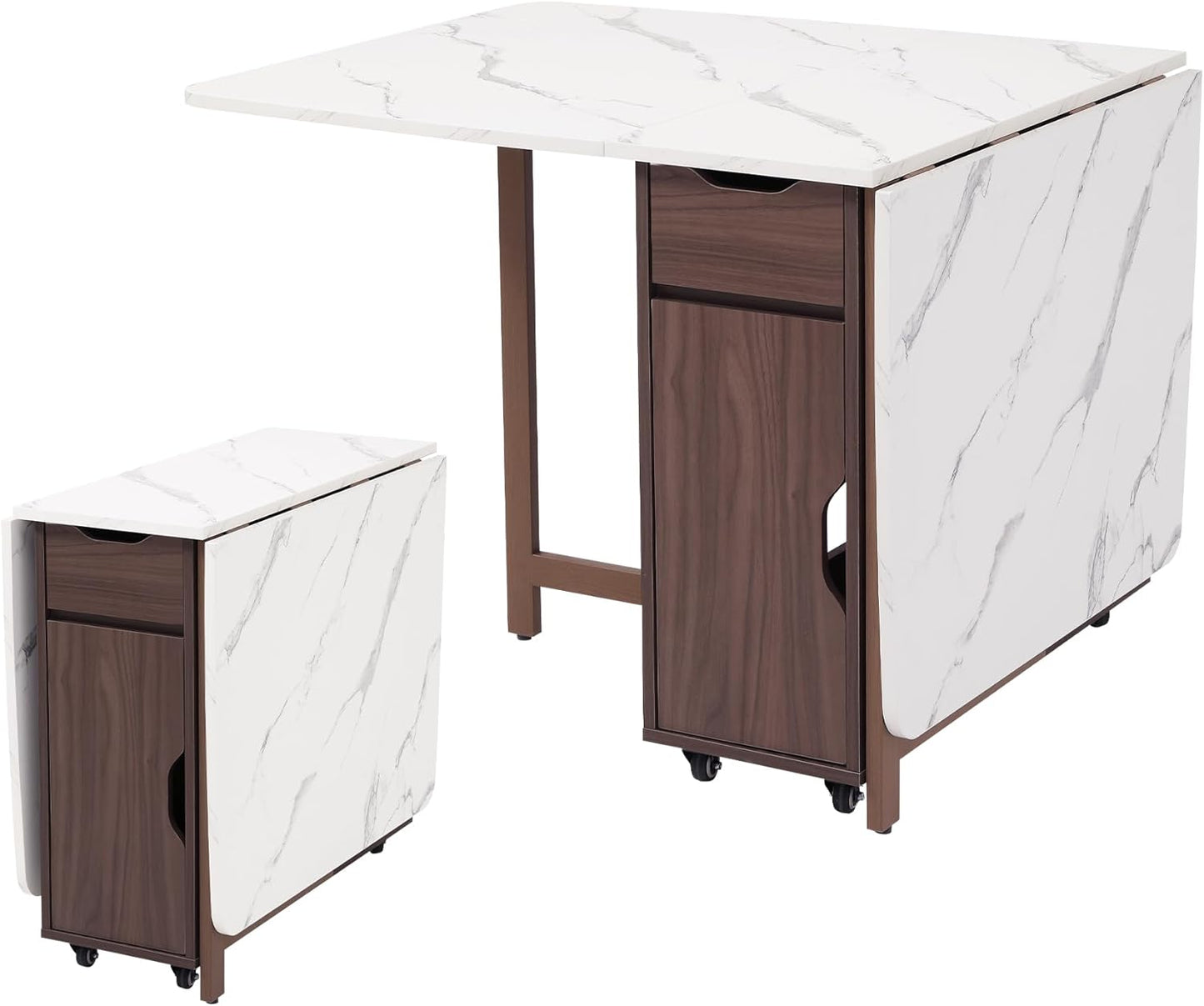Drop Leaf Table Extendable, Foldable Kitchen Table Space Saving, Folding Dining Table with 2 Drawers and 4 Wheels, Dining Table for Living Room, Farmhouse, RV(Marble Wood)