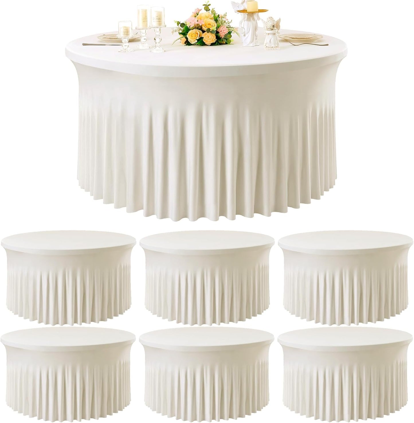 8 Pack White Round Spandex Tablecloth for 60 inch Table, Wrinkle Free Stretchy 120inch Fitted 5FT Round Table Cloths Cover with Skirt for Wedding Birthday Party Dining Banquet Events