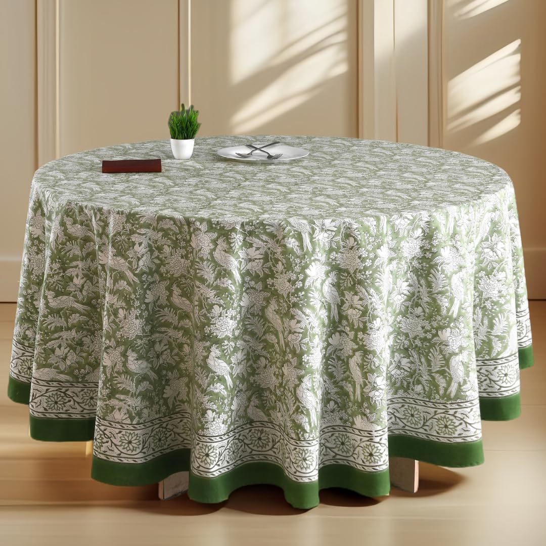 CPC Round Tablecloth- Cotton Indian Block Print Tablecloth -Handmade Printed Washable Cotton Table Cloth - Spring/Summer, Weding Table Cover - Blue Sapphire 110 Inch