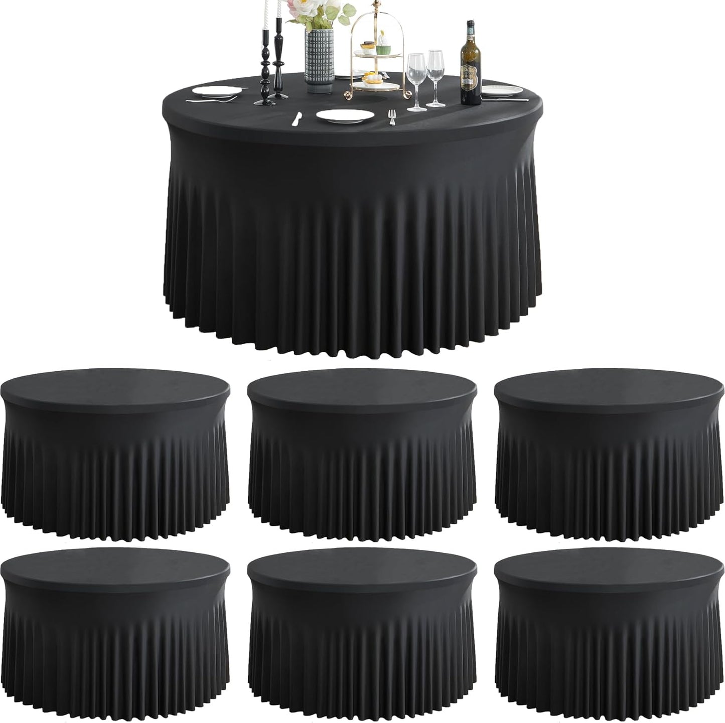 8 Pack White Round Spandex Tablecloth for 60 inch Table, Wrinkle Free Stretchy 120inch Fitted 5FT Round Table Cloths Cover with Skirt for Wedding Birthday Party Dining Banquet Events