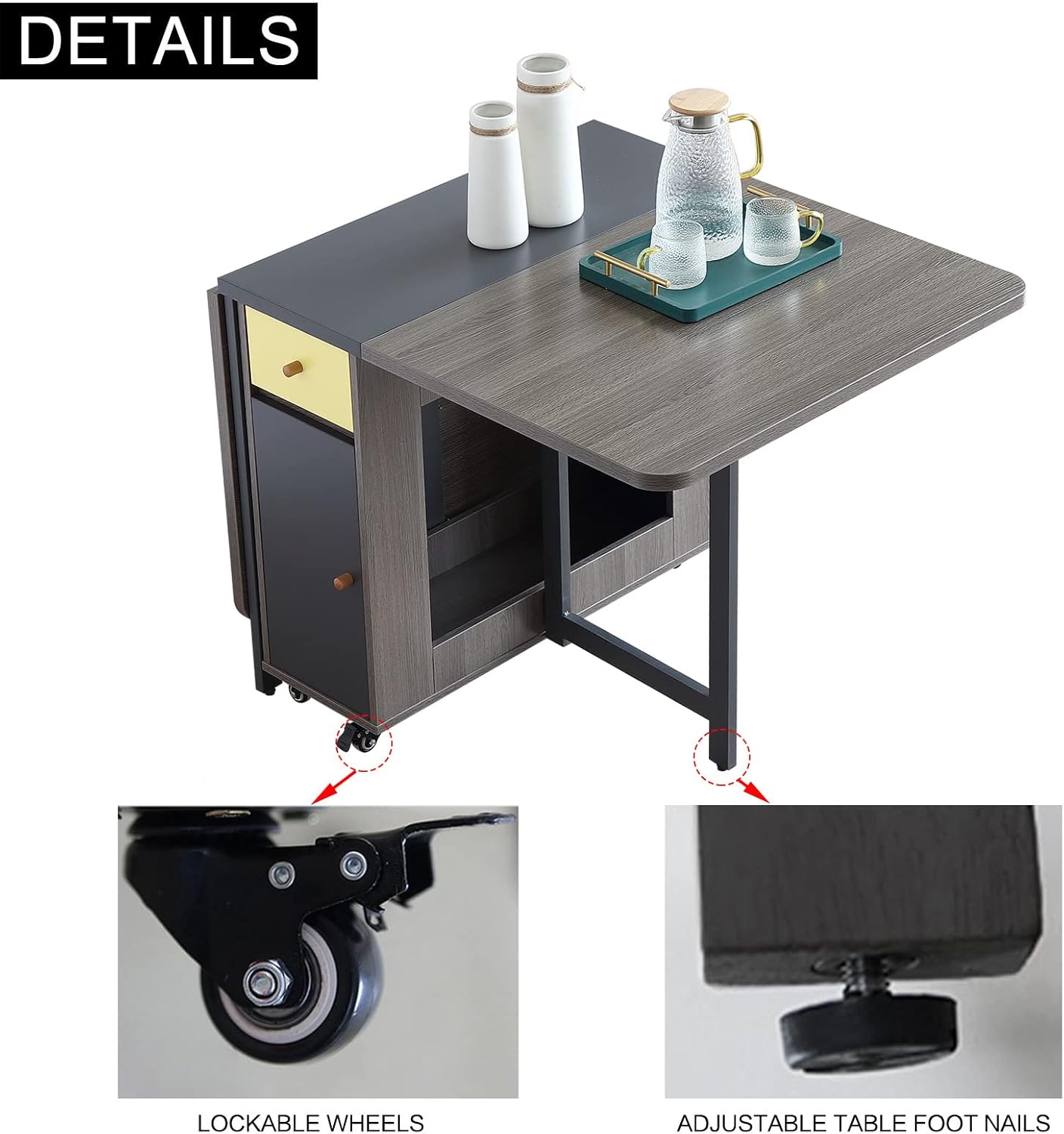 FUNROLUX Folding Dining Table with Storage Rack and 2 Drawers, Movable Kitchen Table Extendable Versatile Table Space Saving Foldable in 3 Forms (Grey)