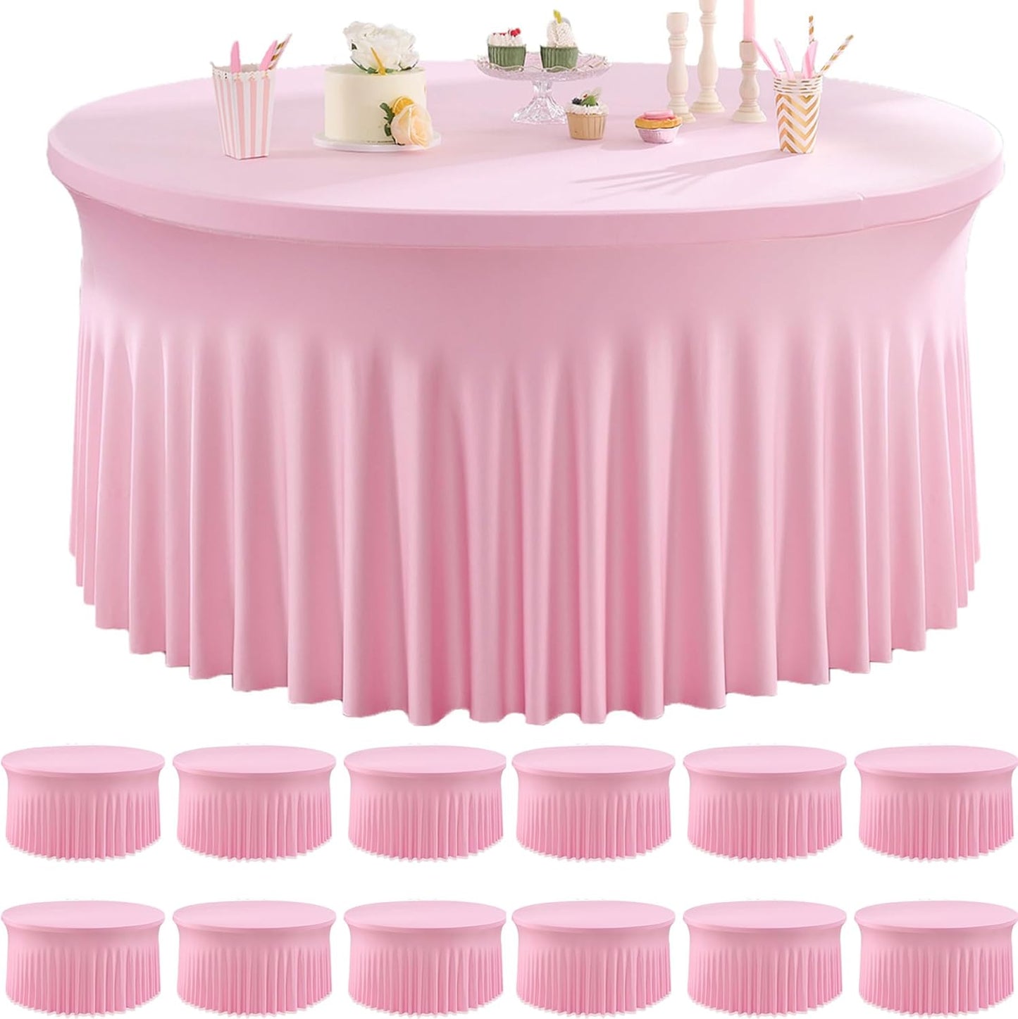 8 Pack White Round Spandex Tablecloth for 60 inch Table, Wrinkle Free Stretchy 120inch Fitted 5FT Round Table Cloths Cover with Skirt for Wedding Birthday Party Dining Banquet Events