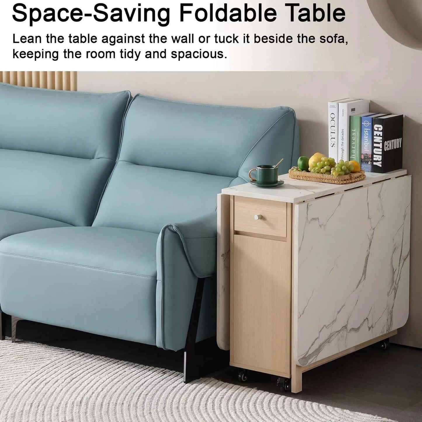 Drop Leaf Table Extendable, Foldable Kitchen Table Space Saving, Folding Dining Table with 2 Drawers and 4 Wheels, Dining Table for Living Room, Farmhouse, RV(Marble Wood)