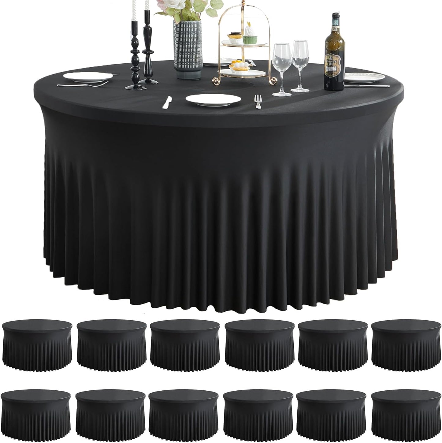 8 Pack White Round Spandex Tablecloth for 60 inch Table, Wrinkle Free Stretchy 120inch Fitted 5FT Round Table Cloths Cover with Skirt for Wedding Birthday Party Dining Banquet Events