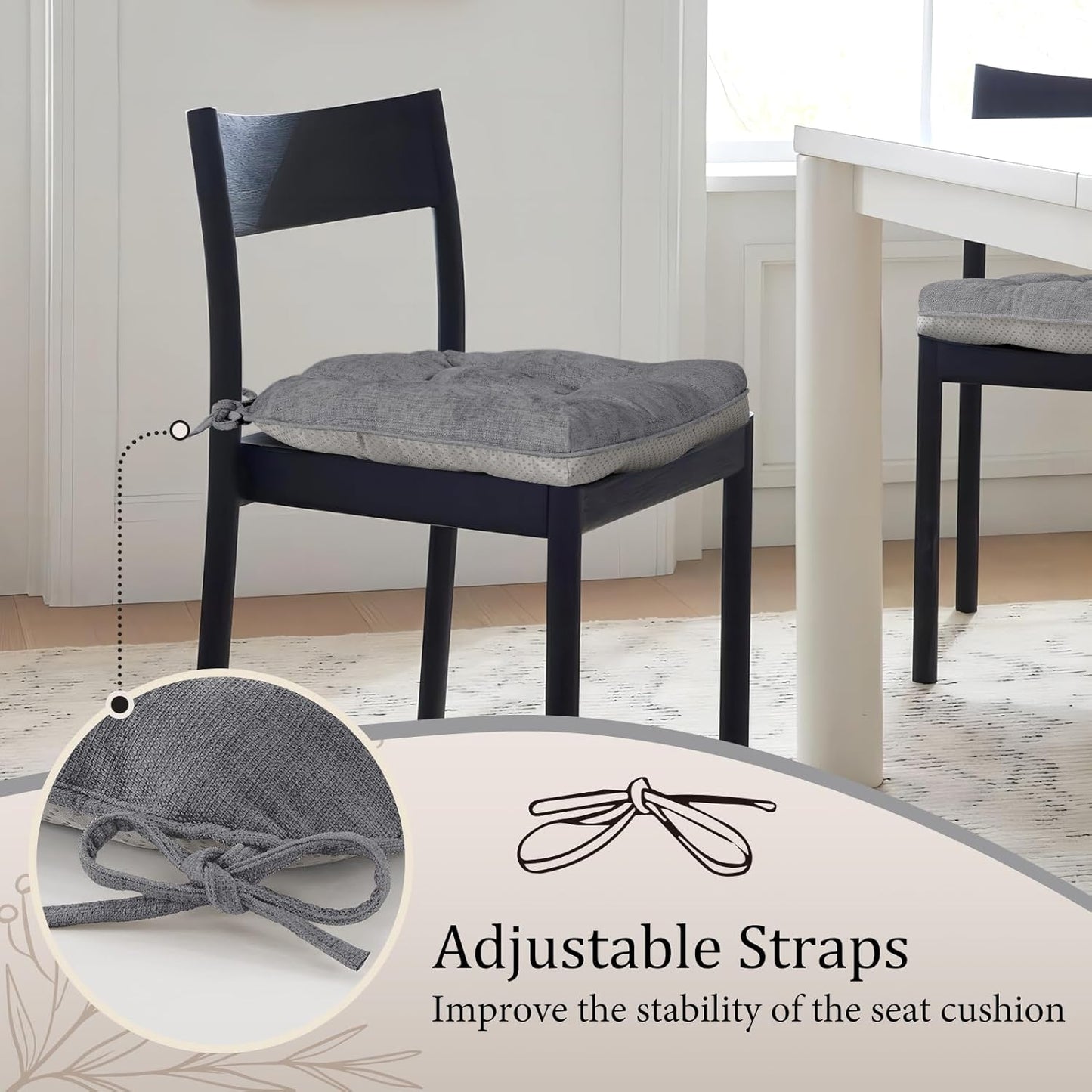 Cozyide Chair Cushions for Dining Chairs, 17" x 17" Non-Slip Kitchen Chair Pads with Adjustable Ties, Memory Foam Indoor Chair Cushions for Dining Room, Grey (Pack of 4)