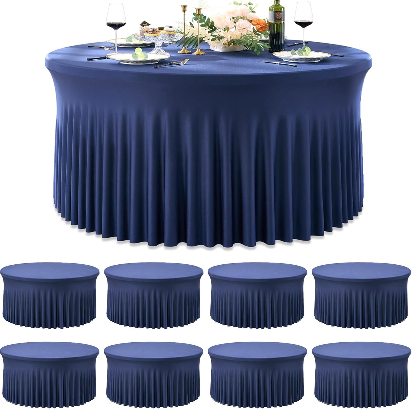 8 Pack White Round Spandex Tablecloth for 60 inch Table, Wrinkle Free Stretchy 120inch Fitted 5FT Round Table Cloths Cover with Skirt for Wedding Birthday Party Dining Banquet Events