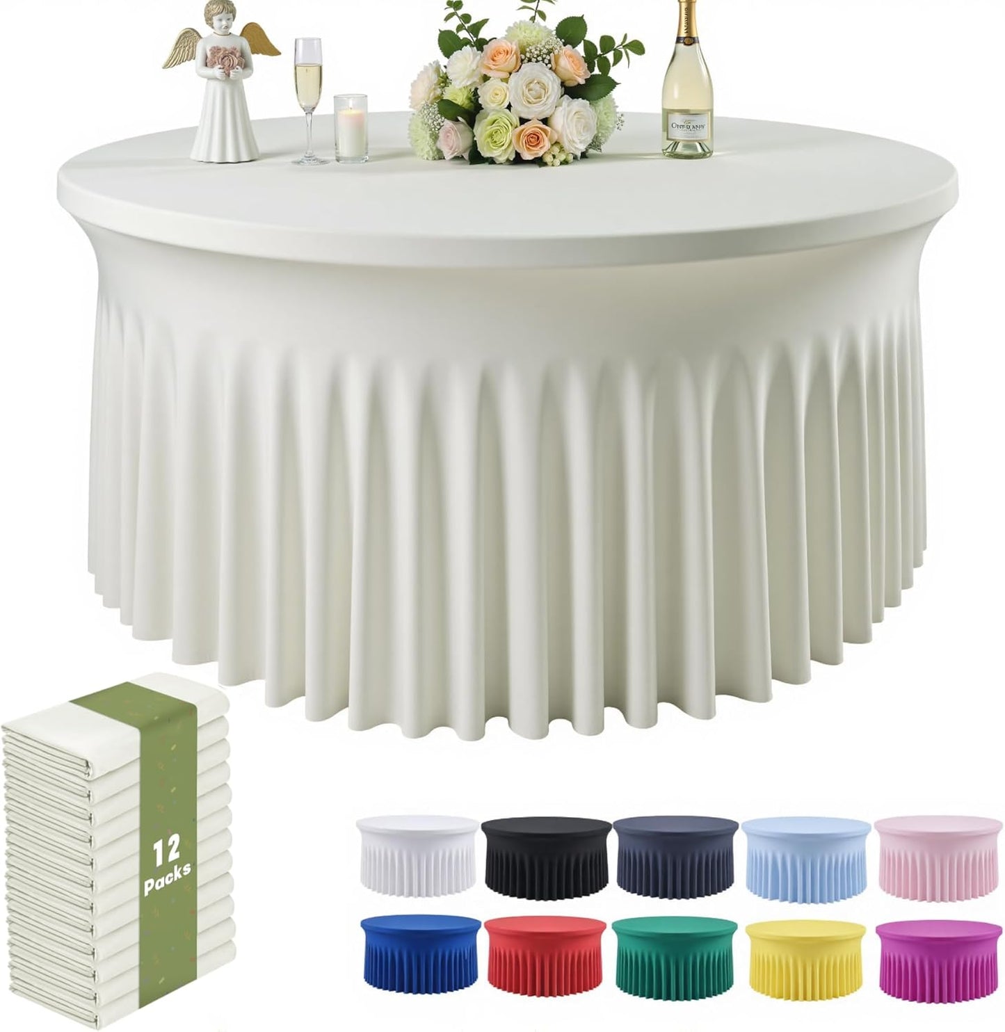 Outpain 6 Pack Black Round Spandex Tablecloth for 60 Inch/5FT Tables - Stretchy Table Cloth with Skirt, Wrinkle-Free Fitted Cloth for Wedding Vendor, Banquet & Graduation Decor (120" Round)