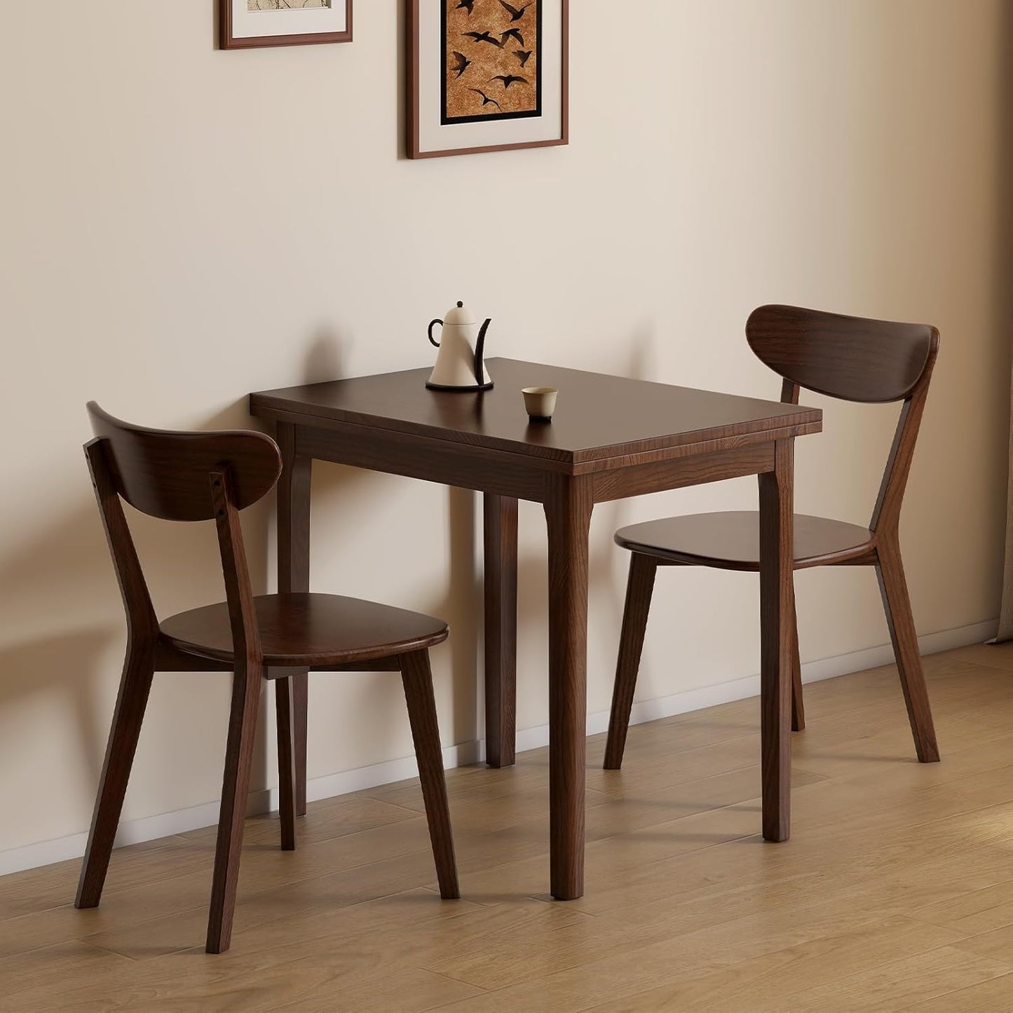 Foldable Dining Table for 4, 100% Solid Wood Folding Kitchen Table with Oak Wood Legs, Modern Dinner Table for Dining Room, Living Room, Kitchen, Small Space, Walnut