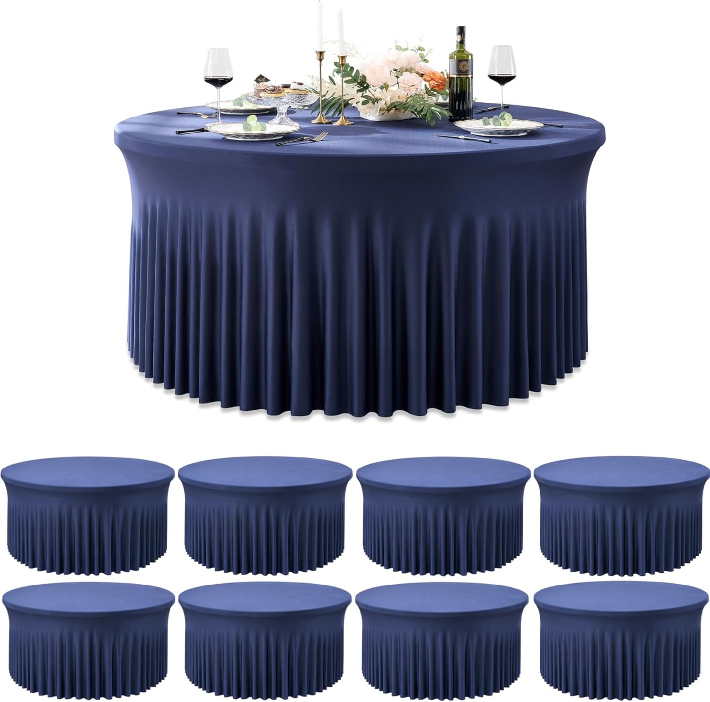 Outpain 6 Pack Black Round Spandex Tablecloth for 60 Inch/5FT Tables - Stretchy Table Cloth with Skirt, Wrinkle-Free Fitted Cloth for Wedding Vendor, Banquet & Graduation Decor (120" Round)