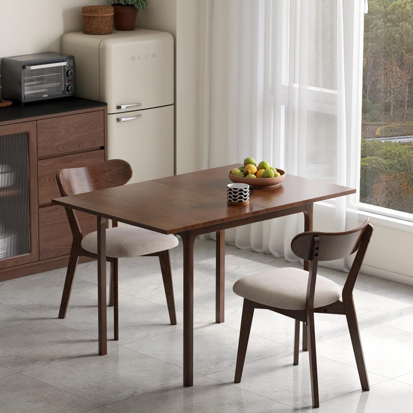 Foldable Dining Table for 4, 100% Solid Wood Folding Kitchen Table with Oak Wood Legs, Modern Dinner Table for Dining Room, Living Room, Kitchen, Small Space, Walnut