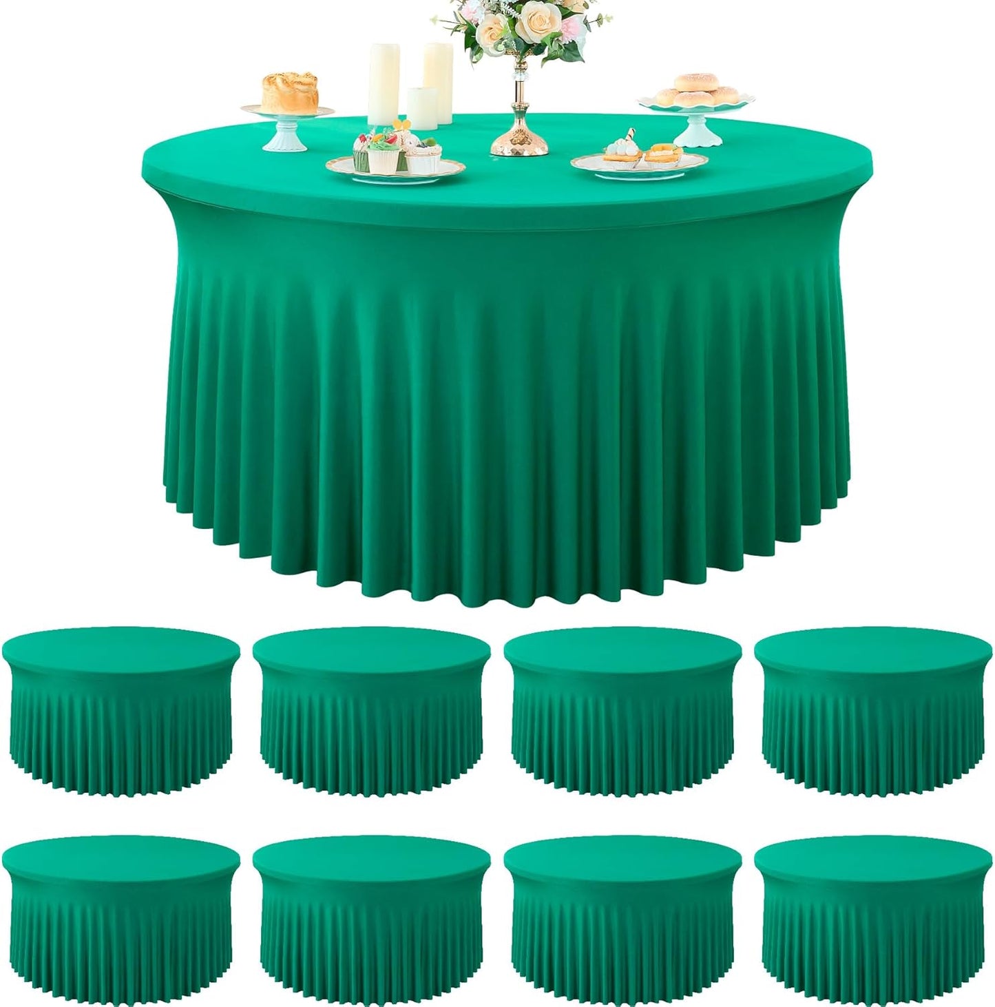 8 Pack White Round Spandex Tablecloth for 60 inch Table, Wrinkle Free Stretchy 120inch Fitted 5FT Round Table Cloths Cover with Skirt for Wedding Birthday Party Dining Banquet Events