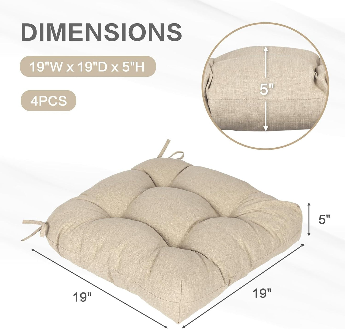 Aoodor 19" x 19" x 5" Tufted Outdoor Chair Cushions, Water Resistant & Fade Resistant Polyester Dining Chair Pads with 2 Straps for Patio Furniture, Set of 4