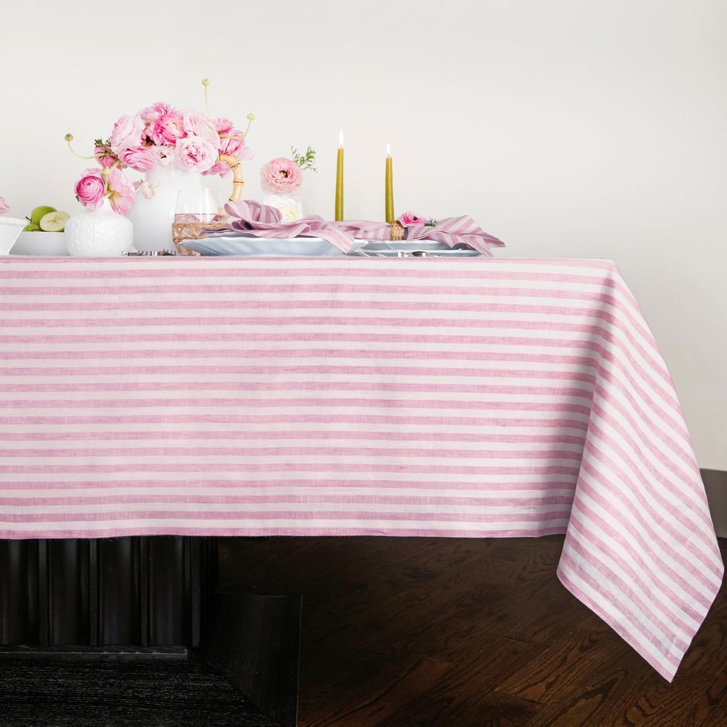 Solino Home Linen Round Tablecloth 70 Inch - Amalfi Stripe, 100% Pure Linen Violet and White Round Tablecloth - Machine Washable Table Cloth for Summer
