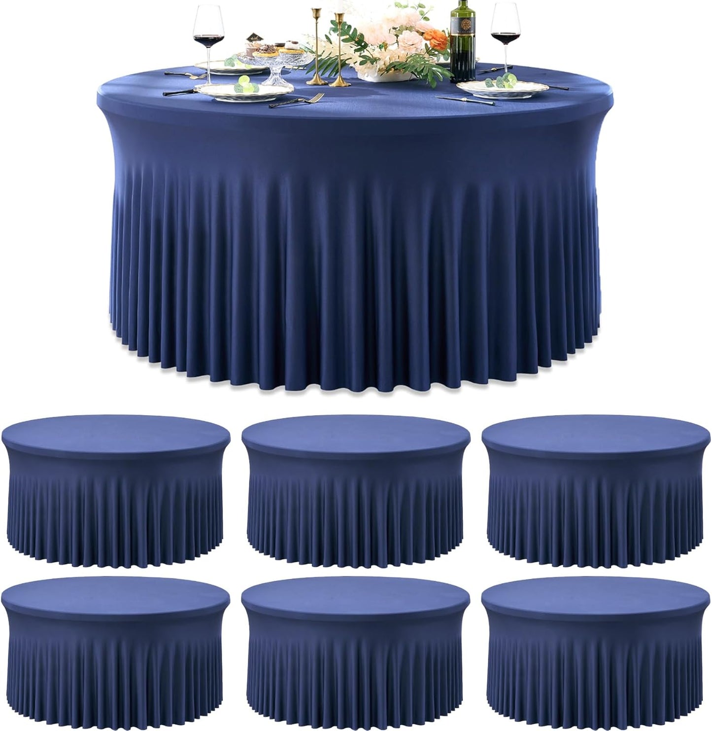 8 Pack White Round Spandex Tablecloth for 60 inch Table, Wrinkle Free Stretchy 120inch Fitted 5FT Round Table Cloths Cover with Skirt for Wedding Birthday Party Dining Banquet Events