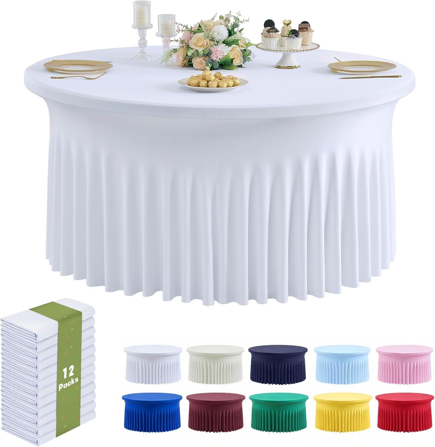 Outpain 6 Pack Black Round Spandex Tablecloth for 60 Inch/5FT Tables - Stretchy Table Cloth with Skirt, Wrinkle-Free Fitted Cloth for Wedding Vendor, Banquet & Graduation Decor (120" Round)