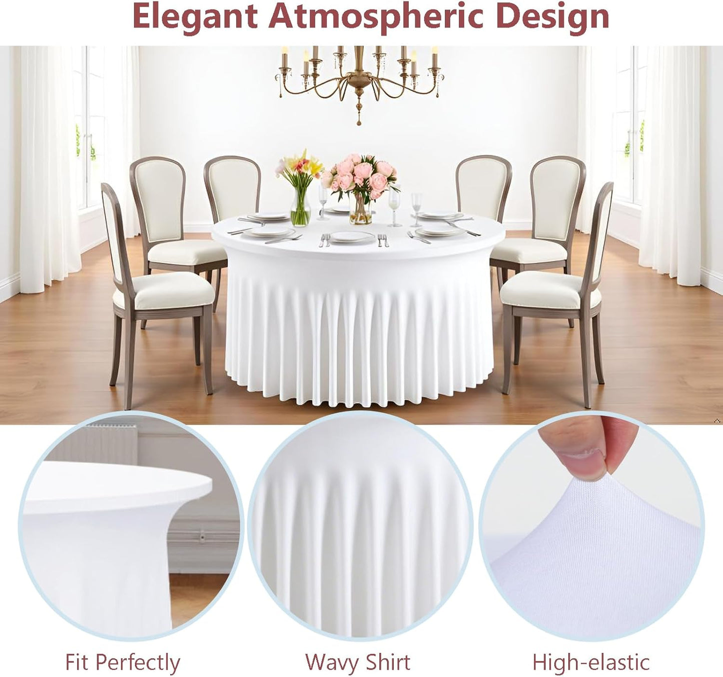 8 Pack White Round Spandex Tablecloths for 60 inch Table, 120 Inch Spandex Fitted Tablecloths, Wrinkle Free Washable Polyester Tablecloth for Wedding, Party, Birthday, Home Decoration