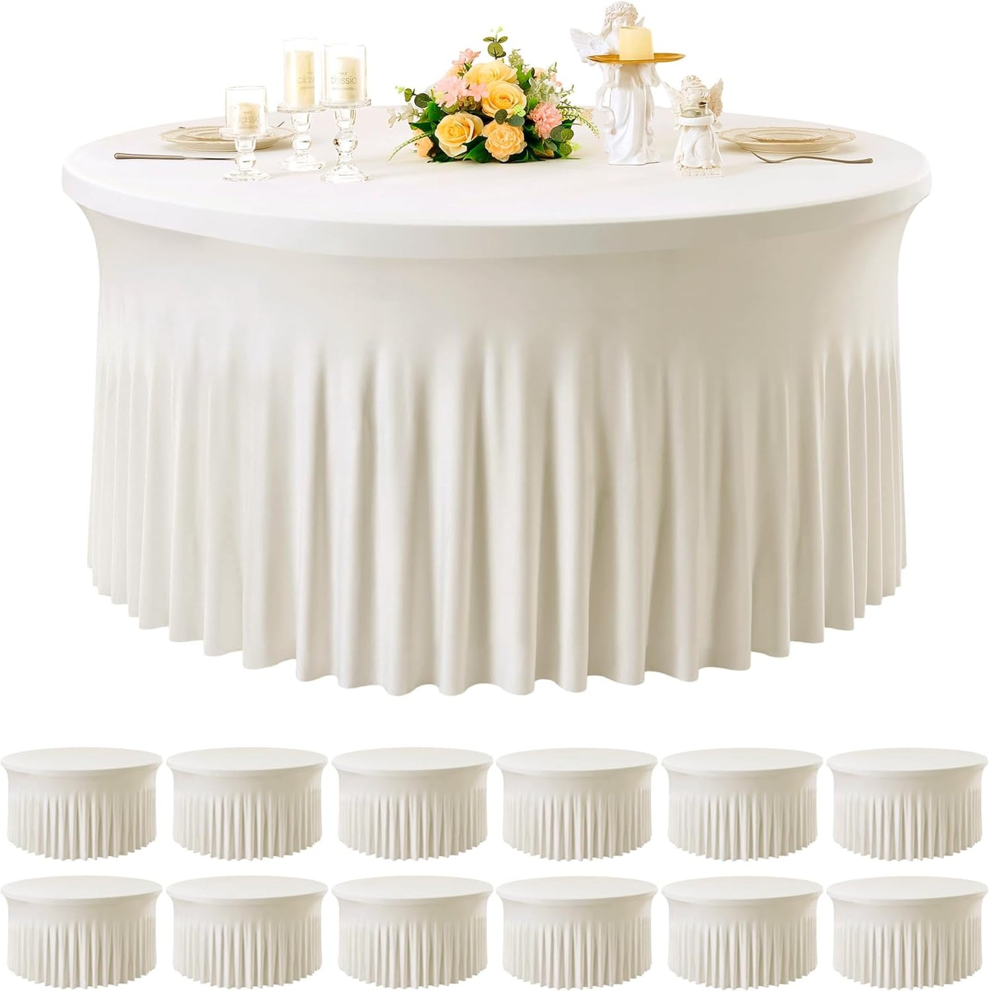 8 Pack White Round Spandex Tablecloth for 60 inch Table, Wrinkle Free Stretchy 120inch Fitted 5FT Round Table Cloths Cover with Skirt for Wedding Birthday Party Dining Banquet Events