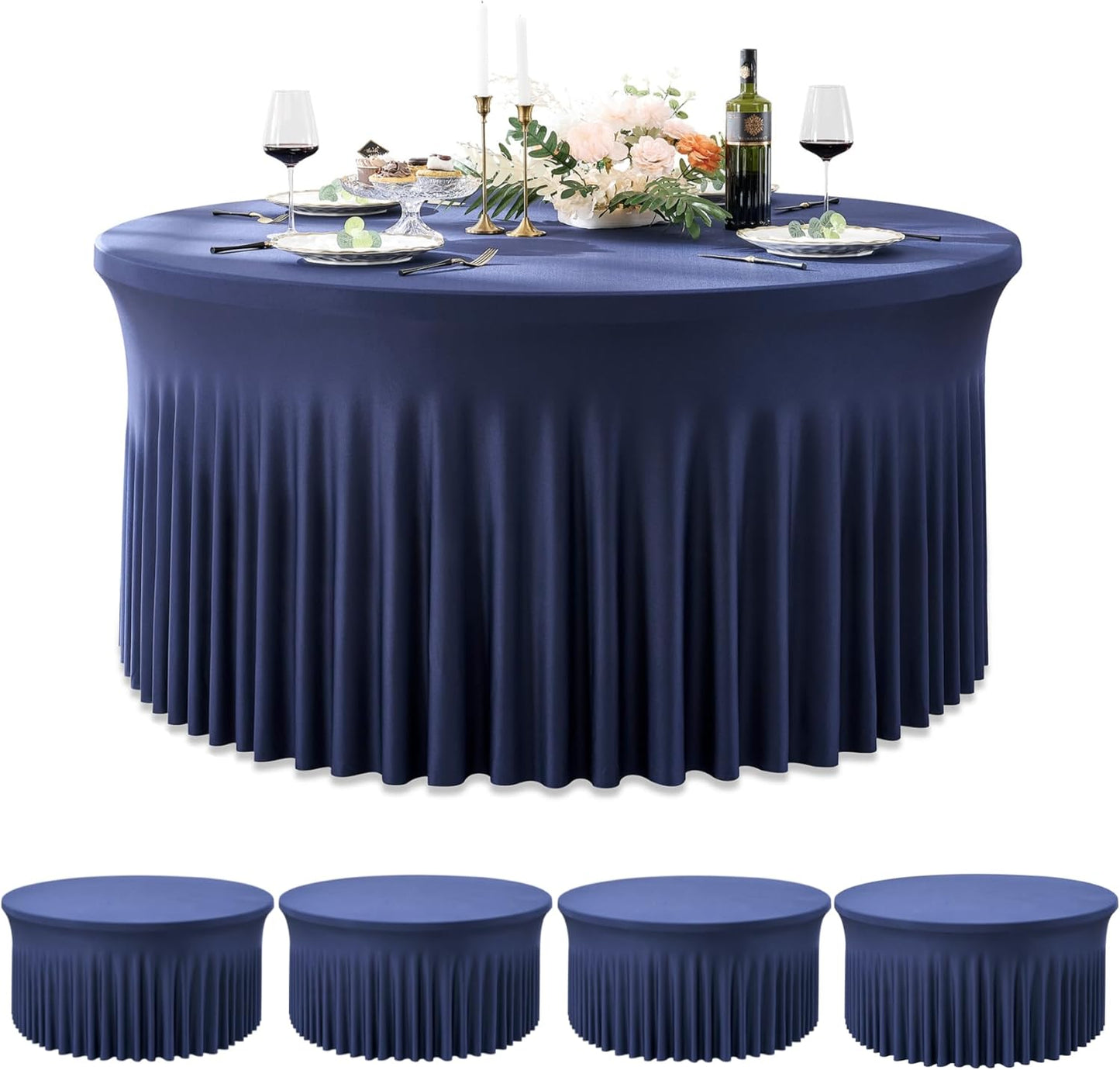 Outpain 6 Pack Black Round Spandex Tablecloth for 60 Inch/5FT Tables - Stretchy Table Cloth with Skirt, Wrinkle-Free Fitted Cloth for Wedding Vendor, Banquet & Graduation Decor (120" Round)