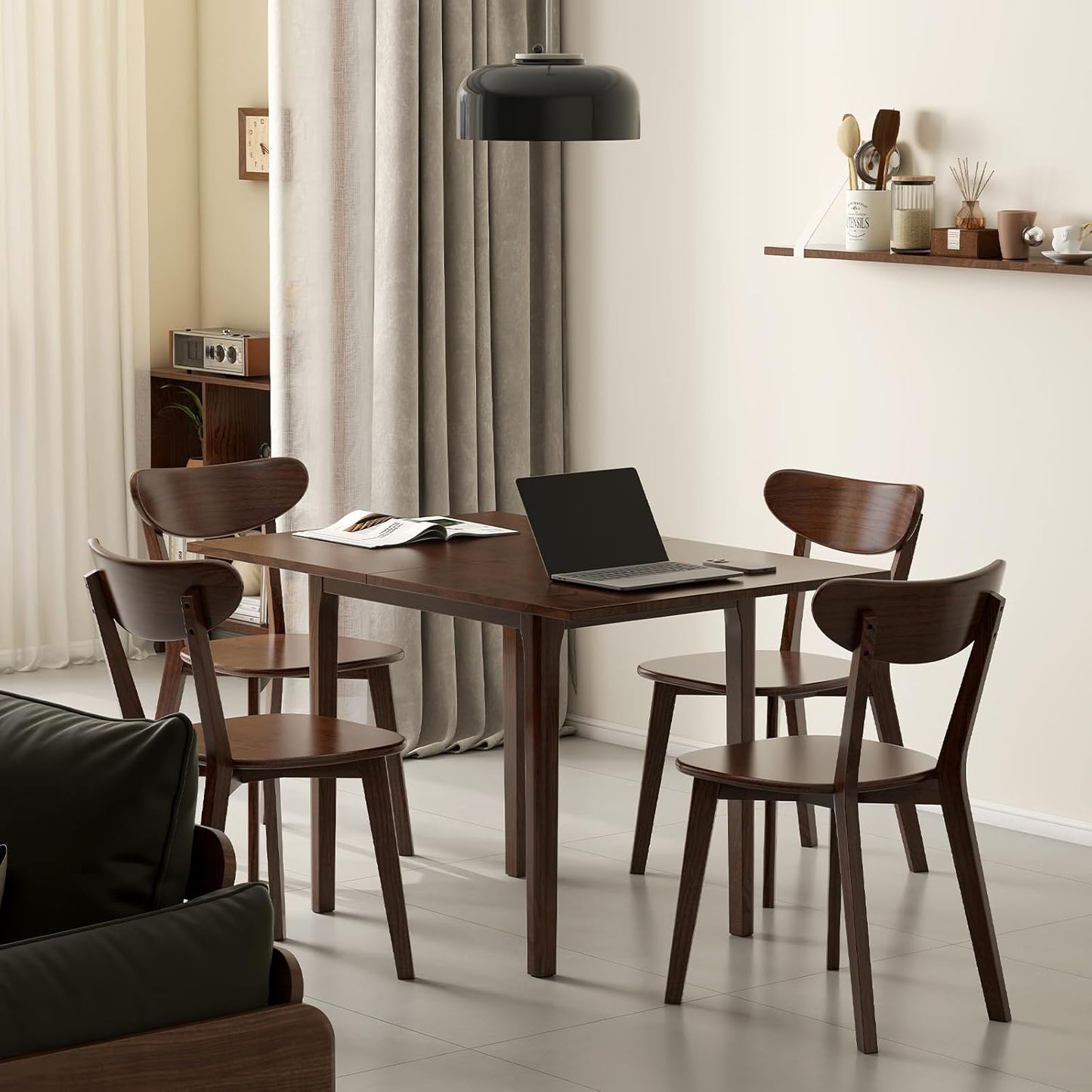 Foldable Dining Table for 4, 100% Solid Wood Folding Kitchen Table with Oak Wood Legs, Modern Dinner Table for Dining Room, Living Room, Kitchen, Small Space, Walnut