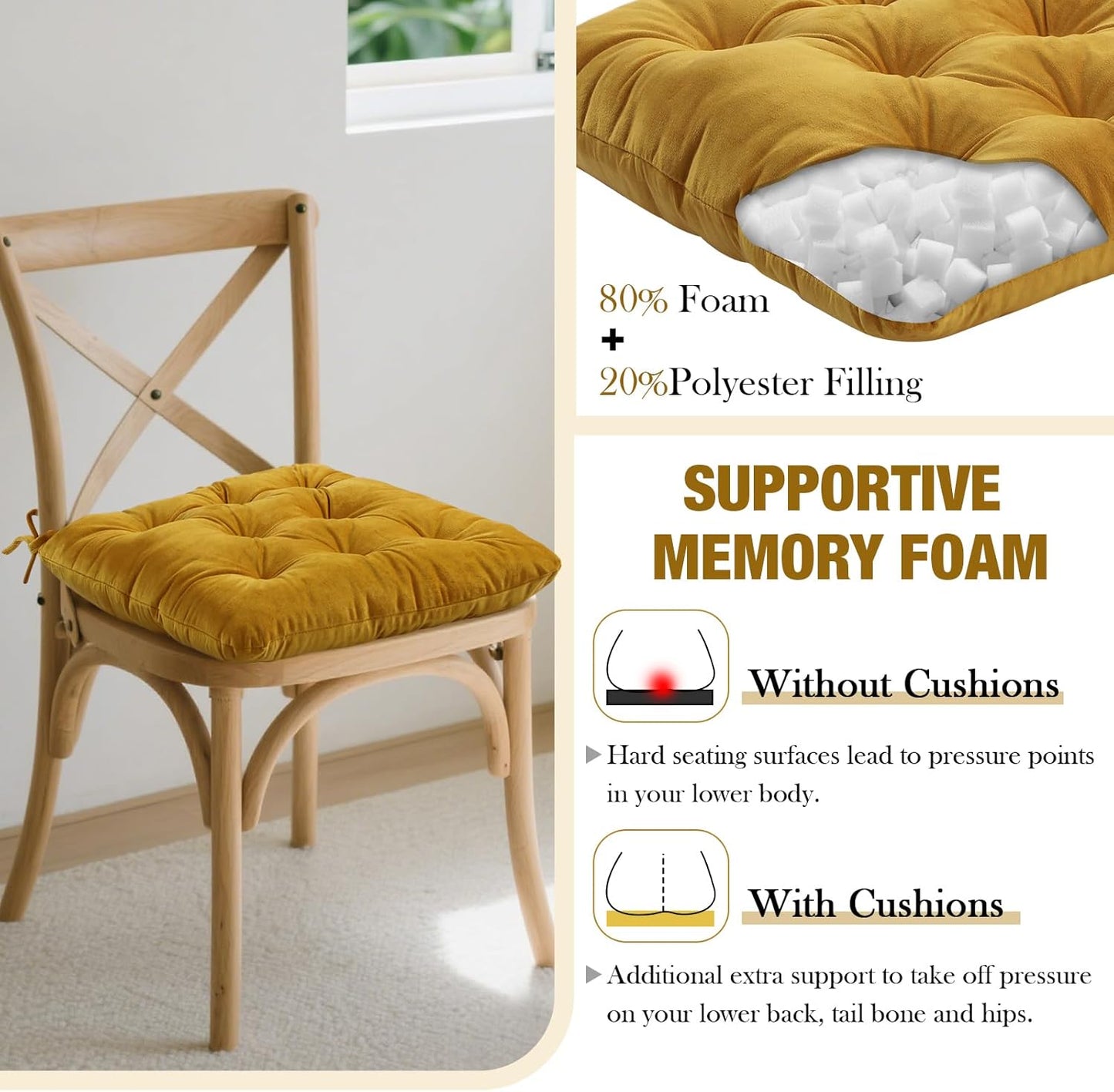 Nuanchu Memory Foam Chair Cushions Set of 4, Thick Indoor Seat Cushions for Dining Chairs Tufted Seat Pads for Kitchen, Dining Room, Office,(Turmeric Yellow,15.5"x15.5"x4")